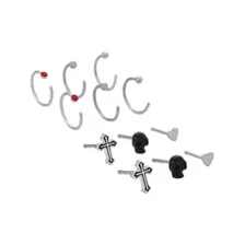 Multi-Pack Black Glass Cross and Skull Silver-Tone Titanium Nose Pins and Hoops 12 Pack - 20 Gauge at Spencer's