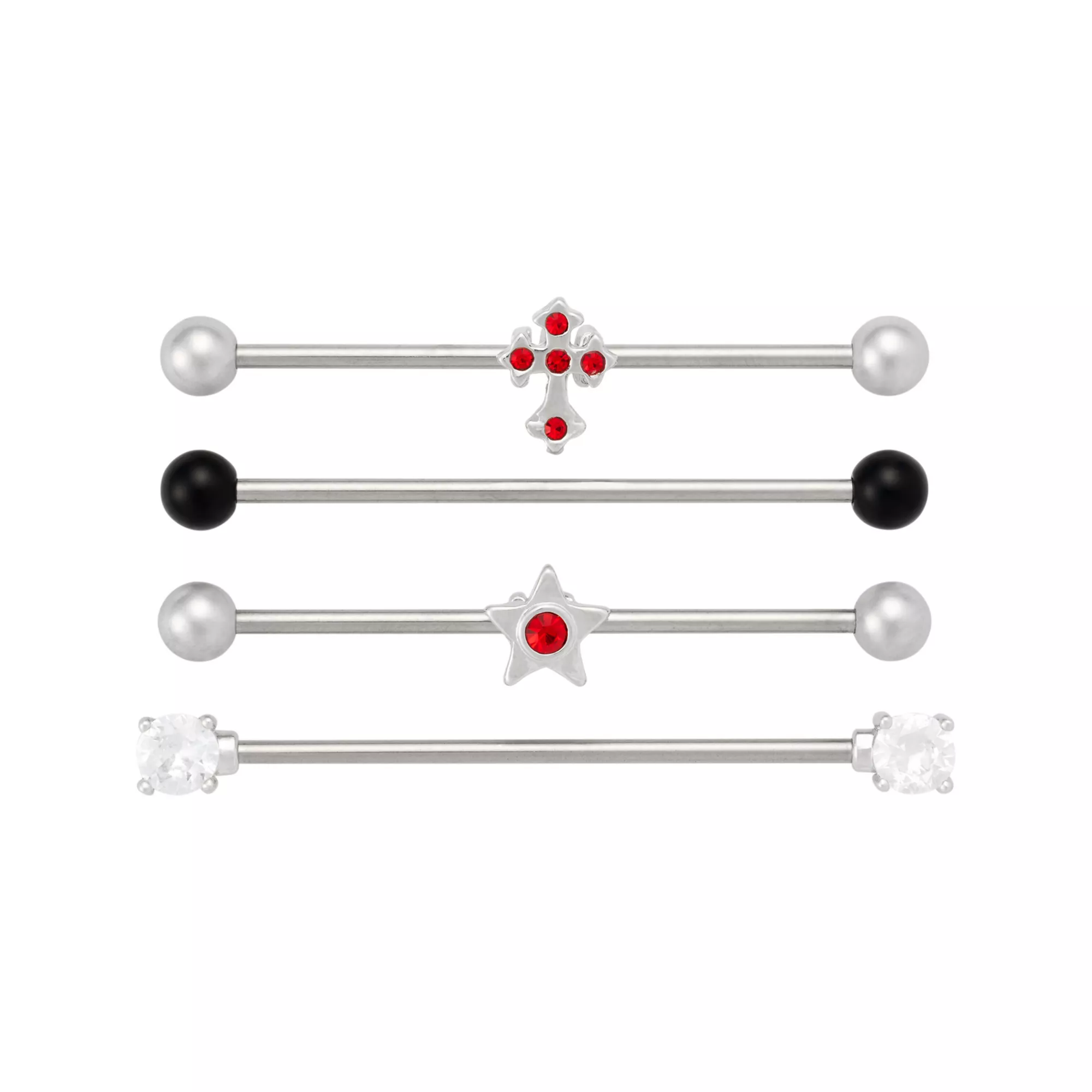 Multi-Pack Red and Clear CZ Cross Star Silver-Tone Titanium Industrial Barbells 4 Pack - 14 Gauge at Spencer's