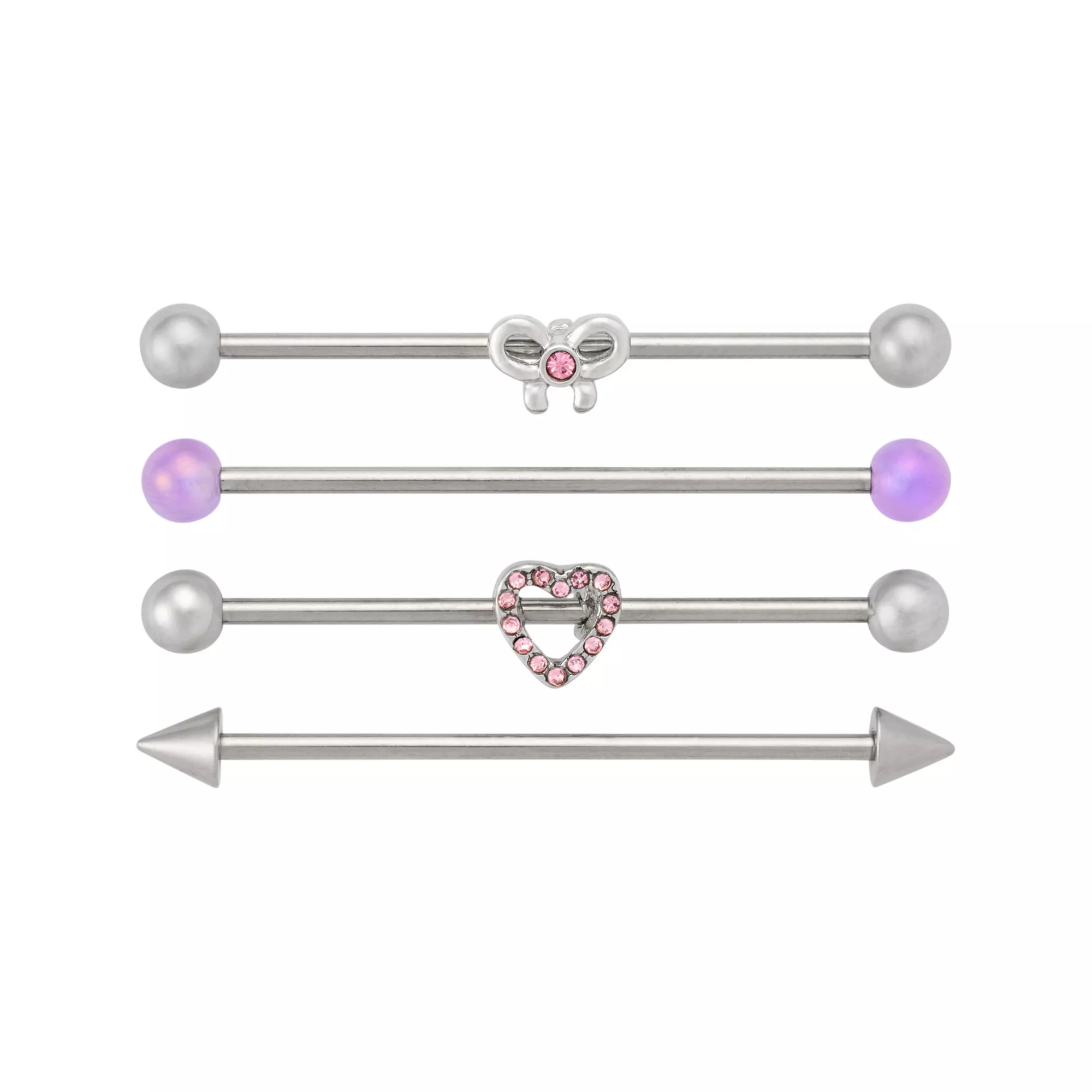 Multi-Pack Pink Glass Heart Bow Silver-Tone Titanium Industrial Barbells 4 Pack - 14 Gauge at Spencer's