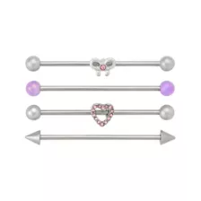 Multi-Pack Pink Glass Heart Bow Silver-Tone Titanium Industrial Barbells 4 Pack - 14 Gauge at Spencer's