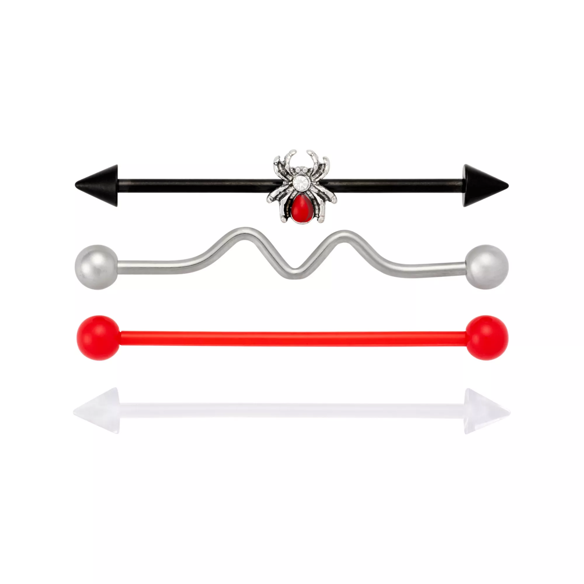 Multi-Pack Clear and Red Glass Spider Black and Silver-Tone Titanium Industrial Barbells 4 Pack - 14 Gauge at Spencer's