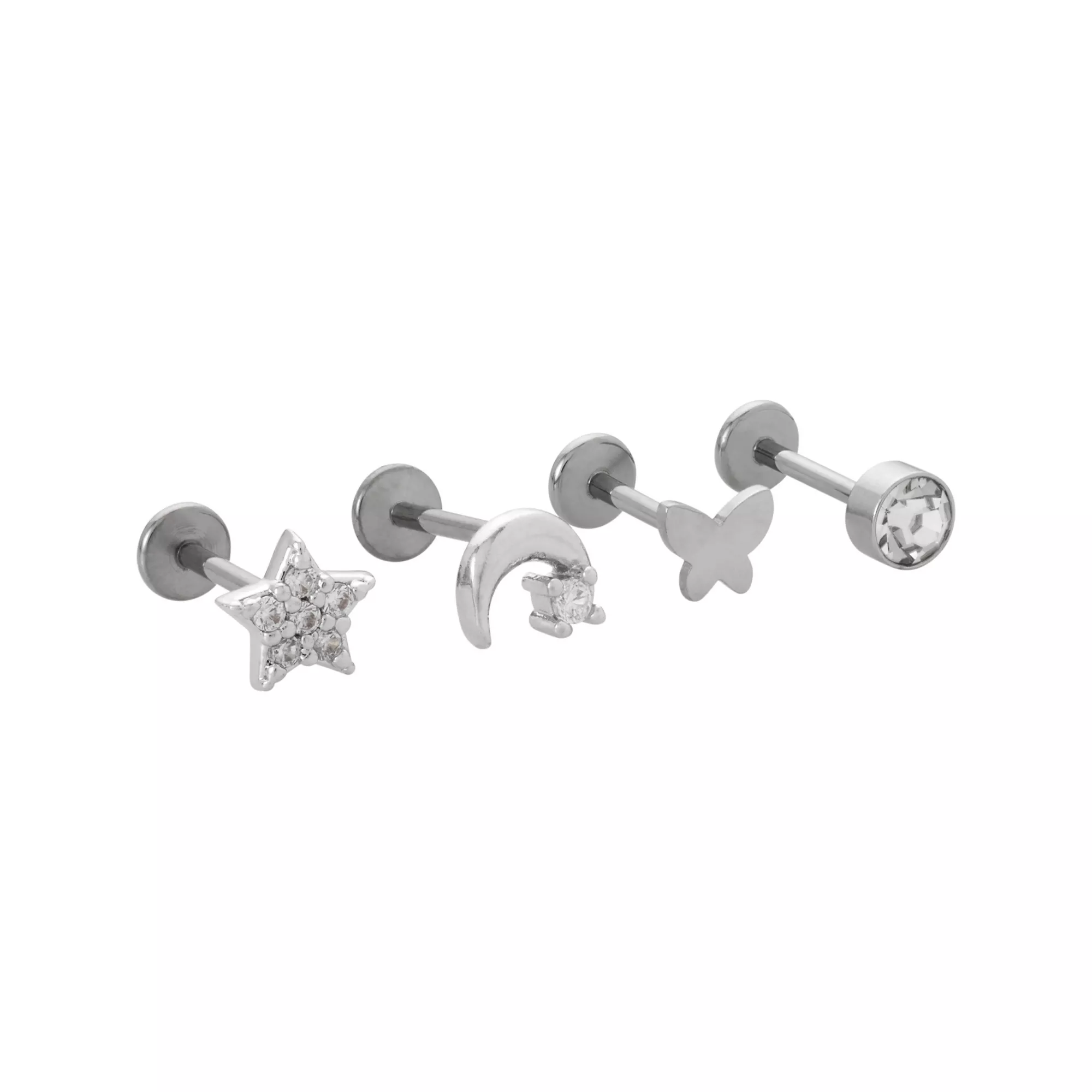 Multi-Pack CZ Star Moon Butterfly Titanium Cartilage Earrings 4 Pack - 18 Gauge at Spencer's