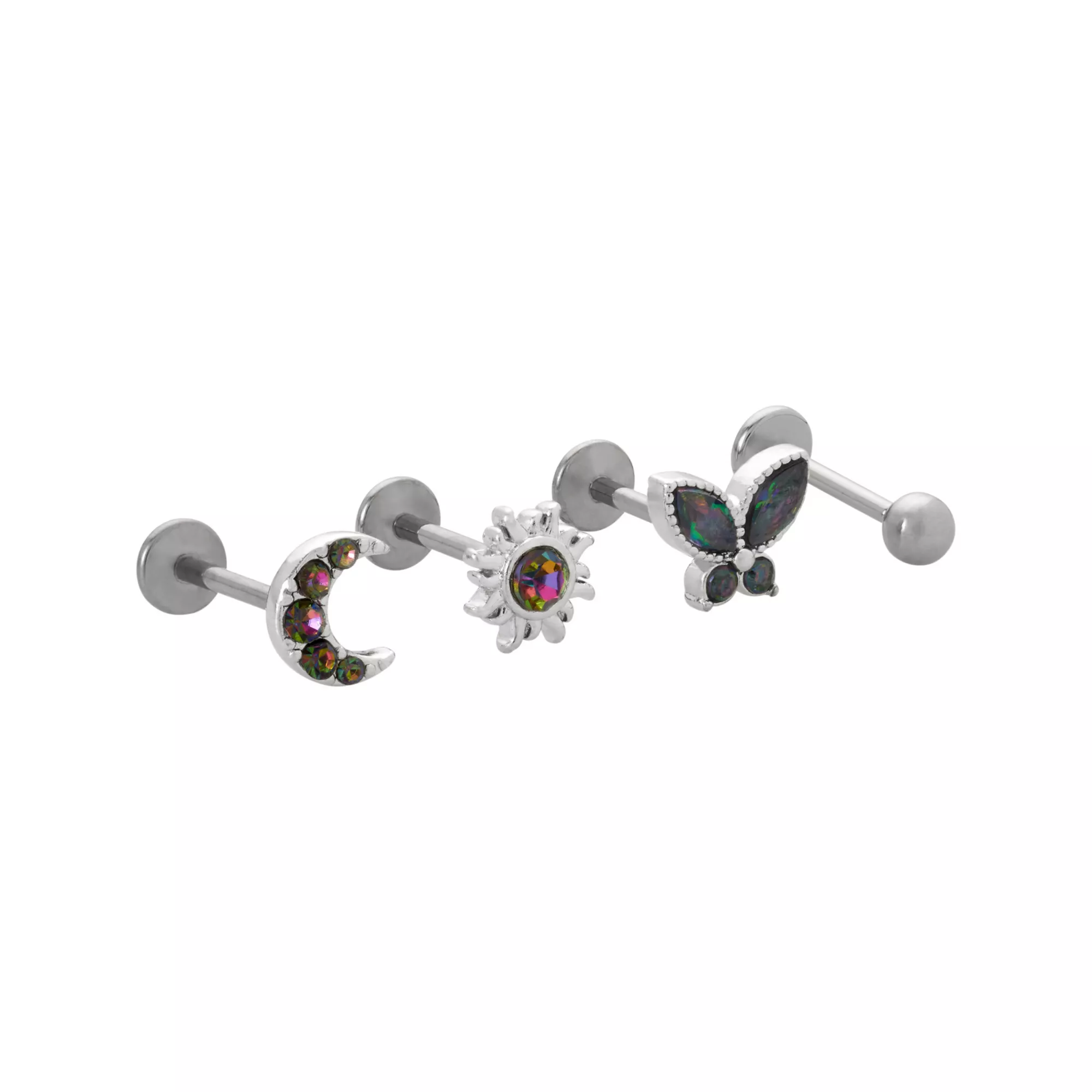 Multi-Pack Vitrail CZ Moon Sun Butterfly Titanium Cartilage Earrings 4 Pack - 18 Gauge at Spencer's