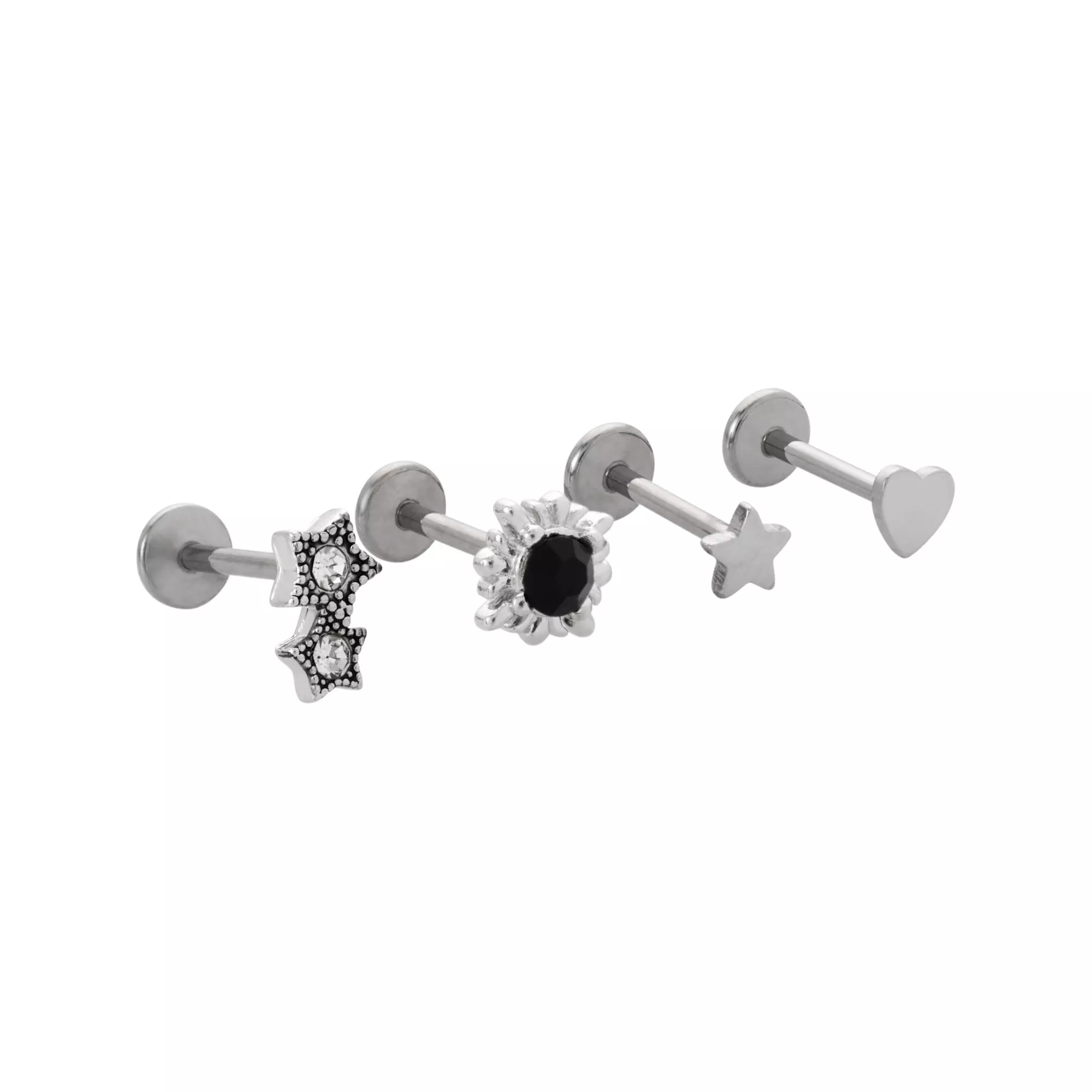 Multi-Pack Black Star Heart Titanium Cartilage Earrings 4 Pack - 18 Gauge at Spencer's