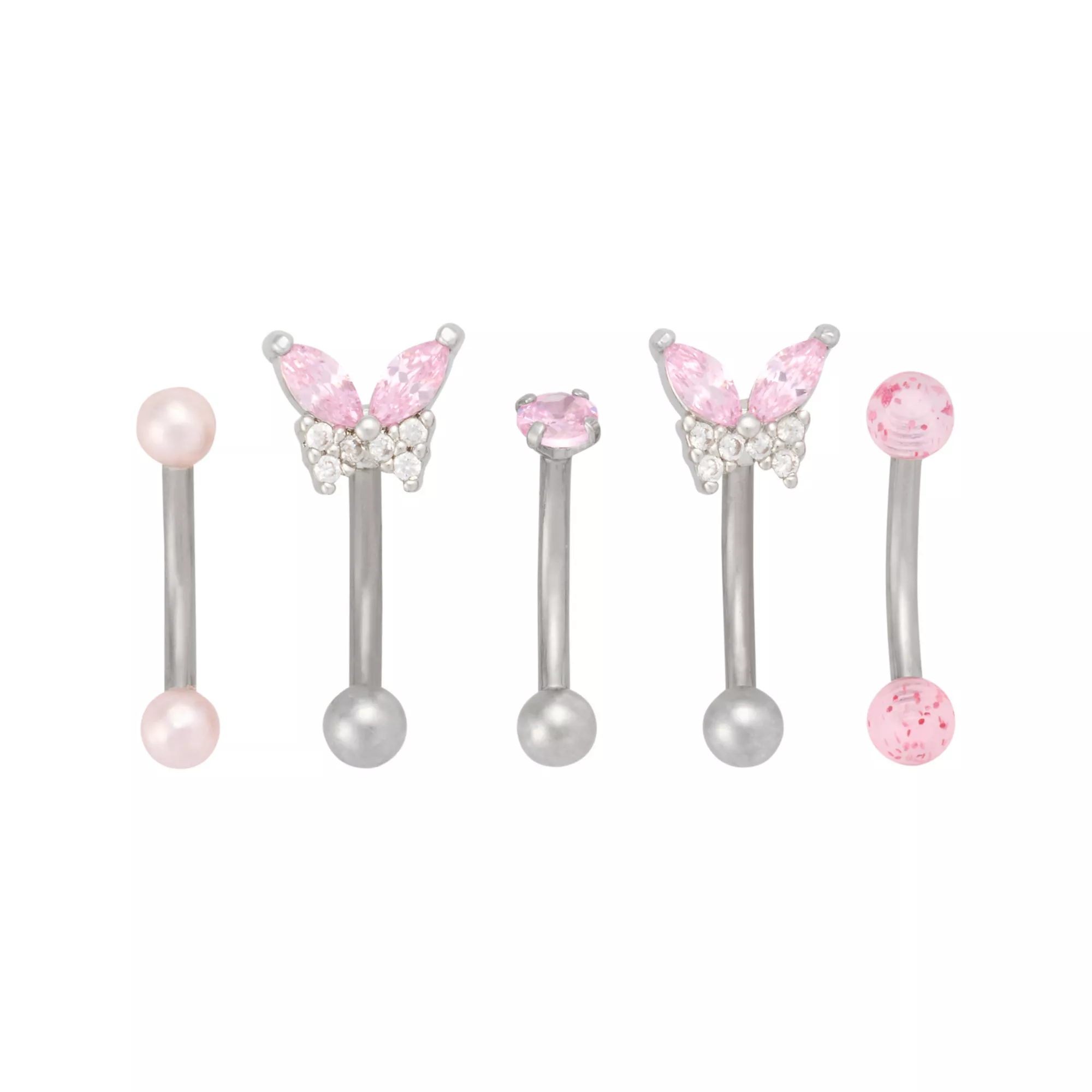 Clear and Pink CZ Butterfly Silver-Tone Titanium Curved Barbells 5 Pack - 16 Gauge at Spencer's