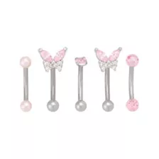 Clear and Pink CZ Butterfly Silver-Tone Titanium Curved Barbells 5 Pack - 16 Gauge at Spencer's