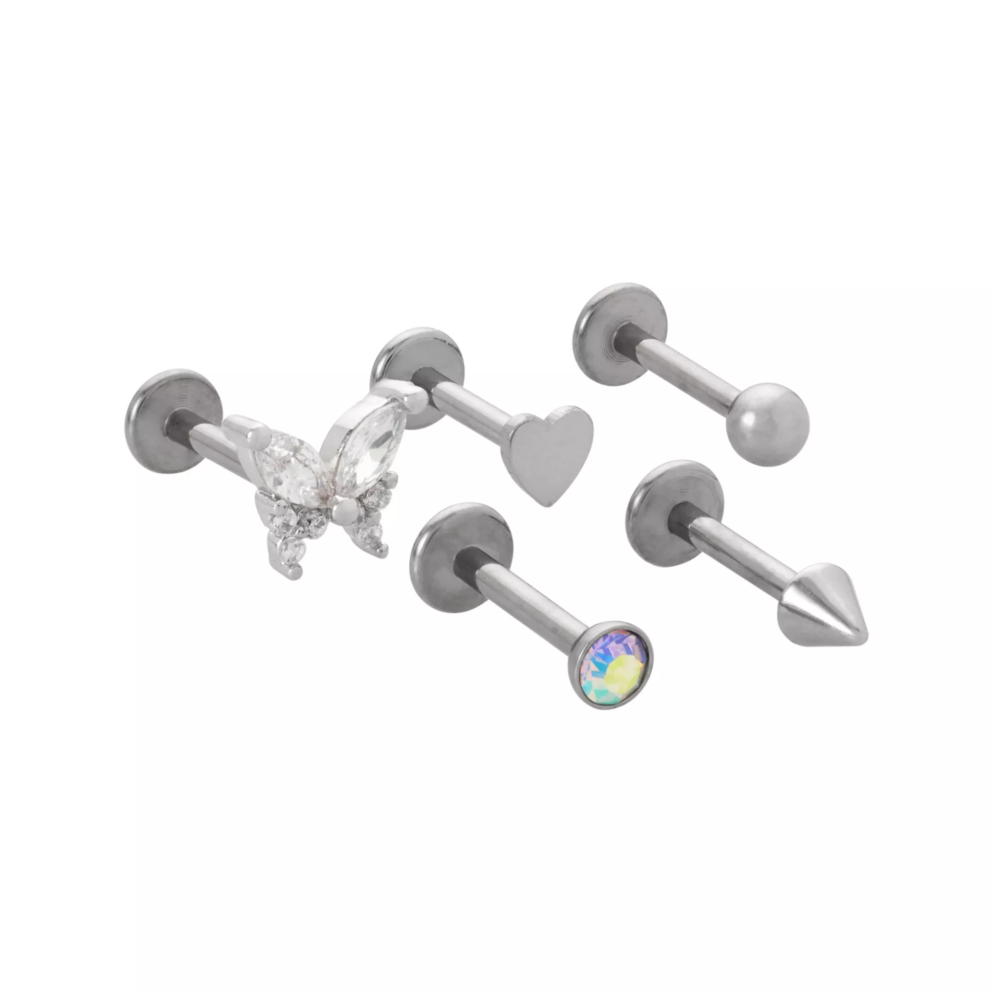 Multi-Pack Clear Iridescent CZ Butterfly Heart Silver-Tone Titanium Labret Lip Rings 5 Pack - 16 Gauge at Spencer's