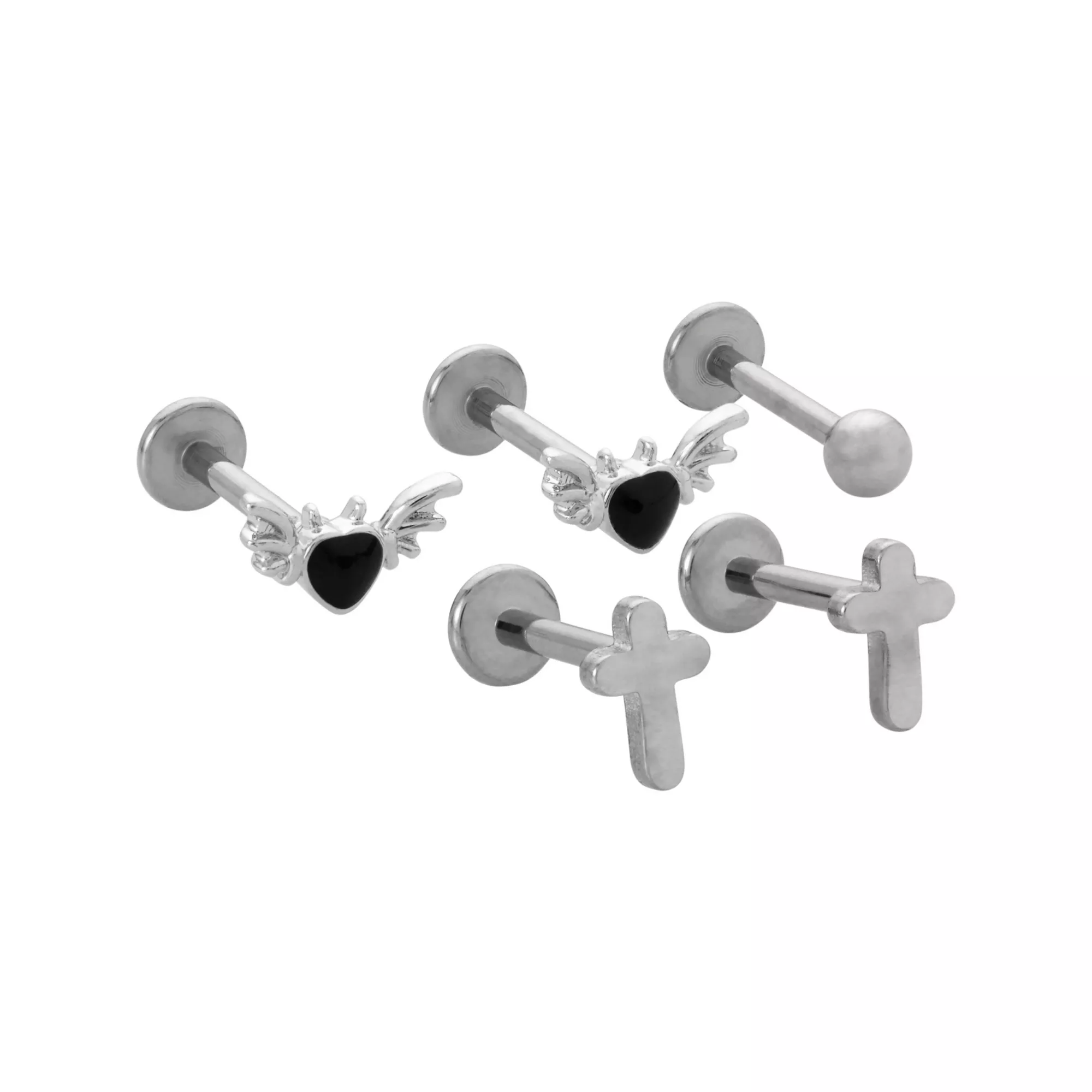 Multi-Pack Black Winged Heart and Cross Silver-Tone Titanium Labret Lip Rings 5 Pack - 16 Gauge at Spencer's