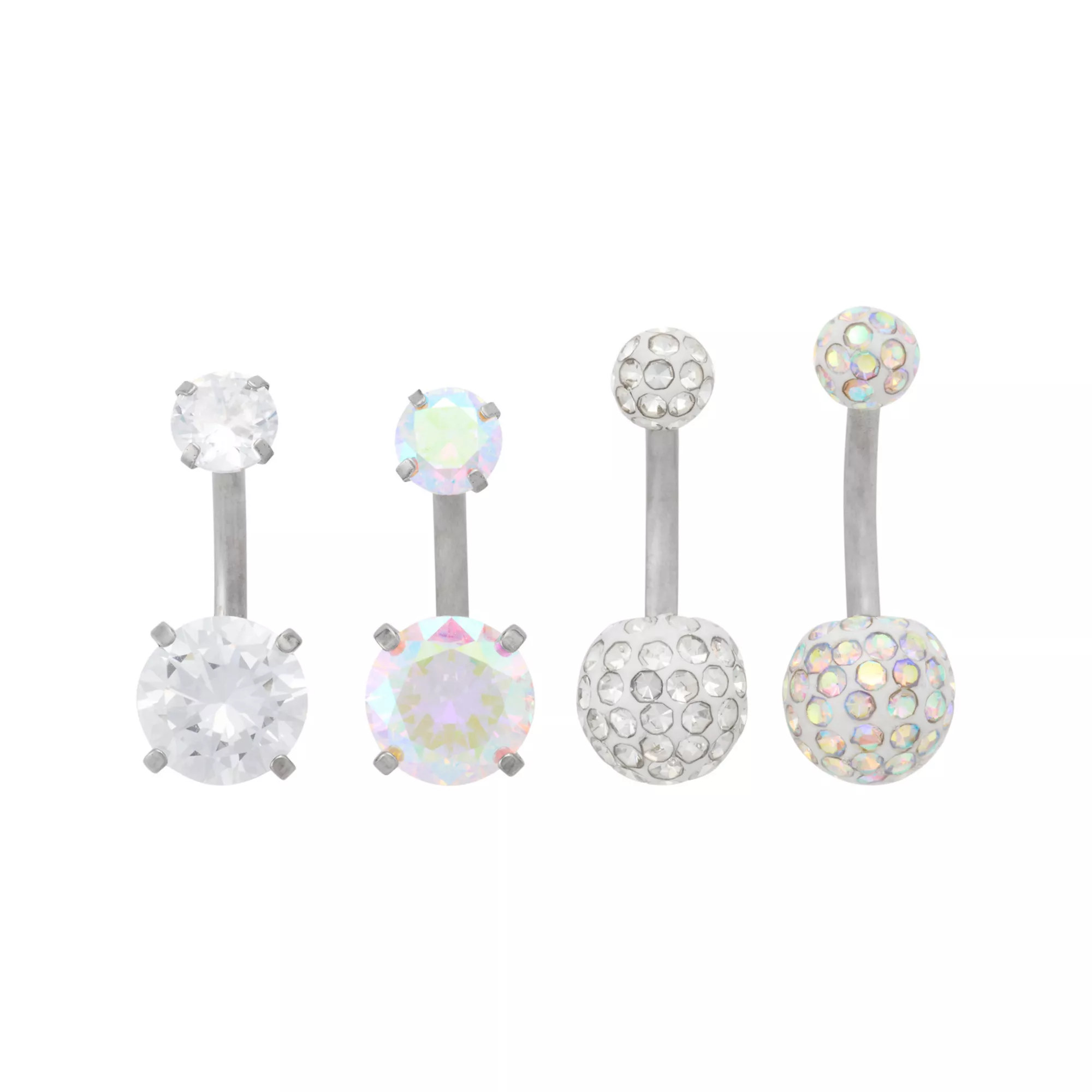 Multi-Pack Titanium Aurora Borealis CZ Silver-Plated Belly Rings 4 Pack - 14 Gauge at Spencer's