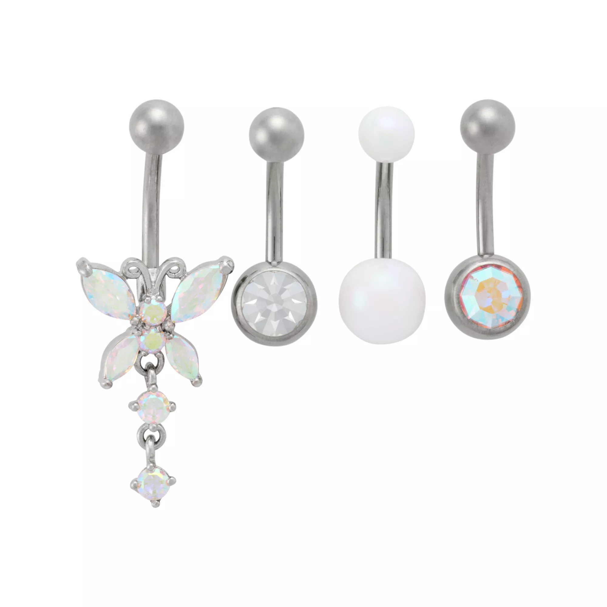 Multi-Pack Titanium Butterfly Aurora Borealis Effect Dangle Belly Rings 4 Pack - 14 Gauge at Spencer's