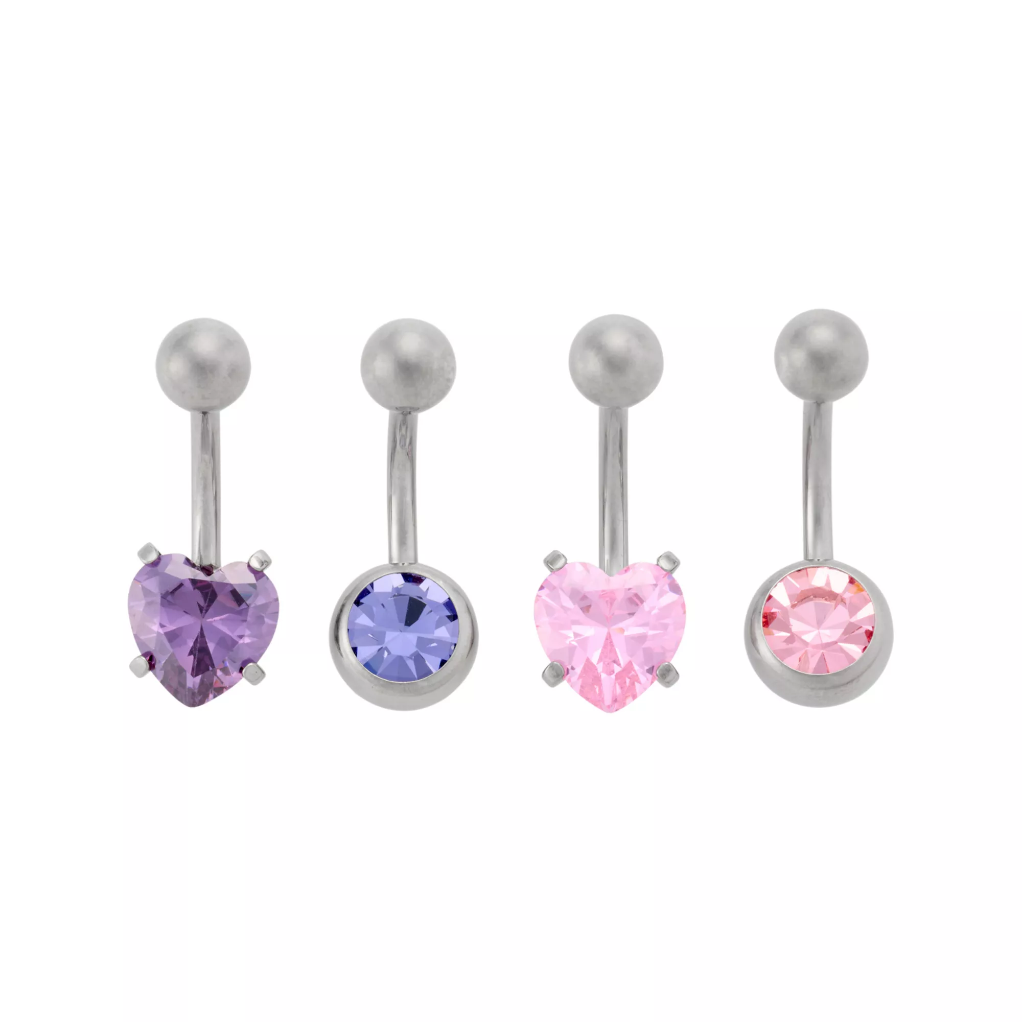ASTM F-136 Titanium Silver-Tone CZ Pink and Purple Belly Rings 4 Pack - 14 Gauge at Spencer's