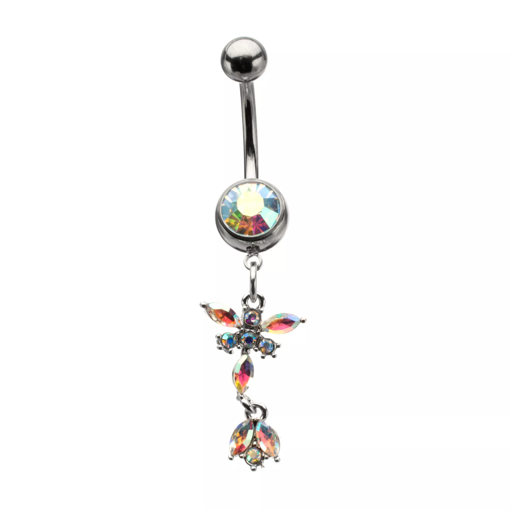 Silver-Tone Aurora Borealis Effect CZ Dangle Belly Ring - 14 Gauge