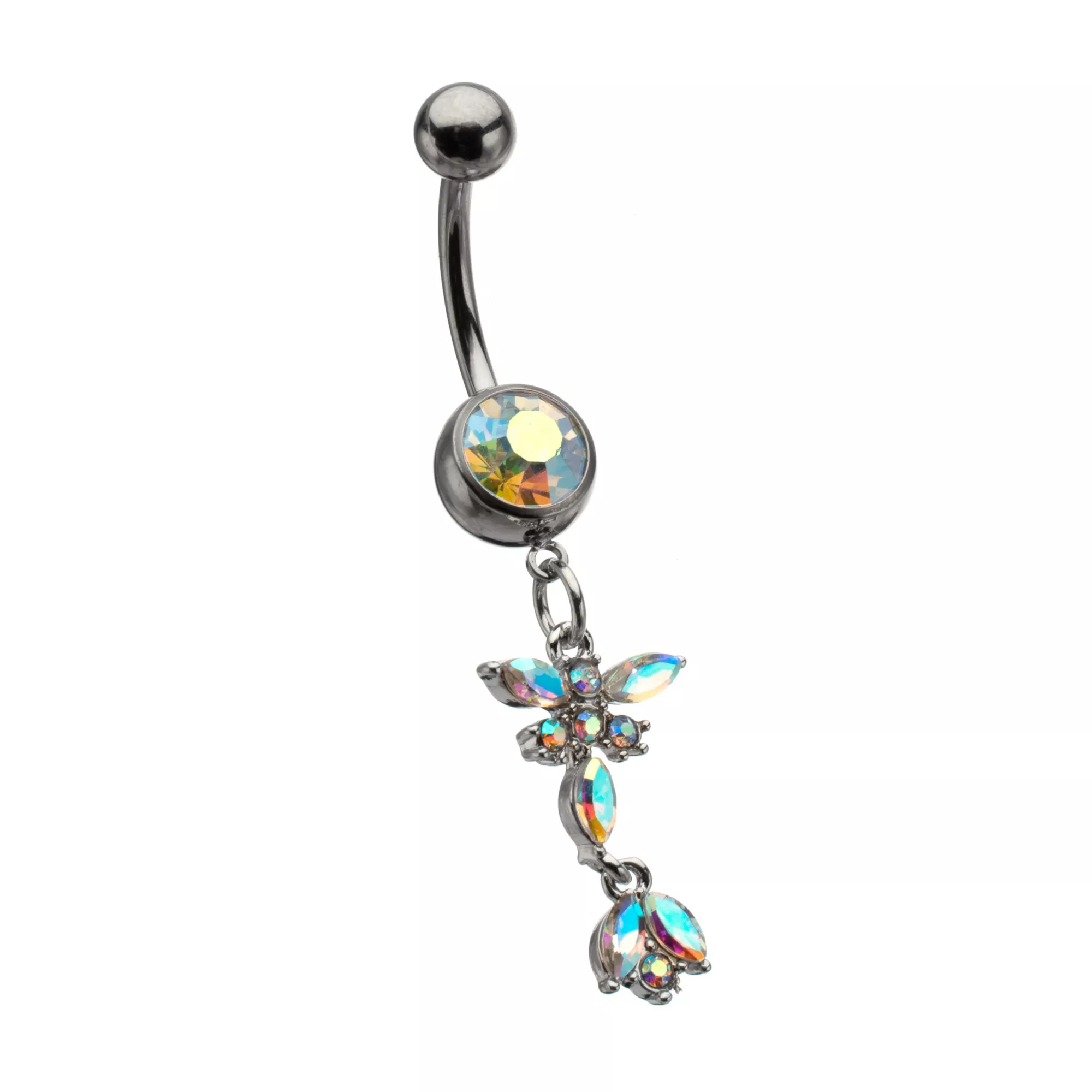Silver-Tone Aurora Borealis Effect CZ Dangle Belly Ring - 14 Gauge