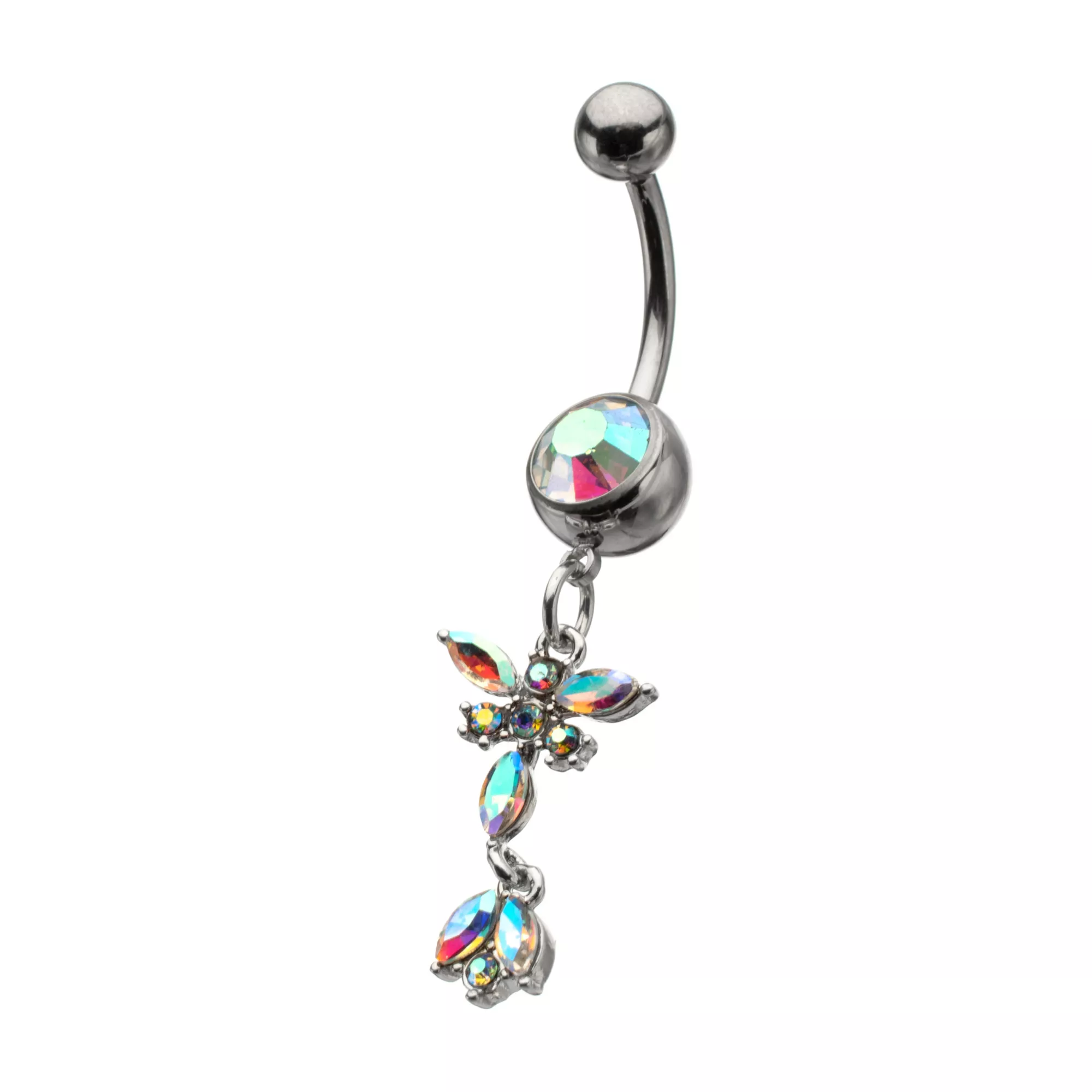 Silver-Tone Aurora Borealis Effect CZ Dangle Belly Ring - 14 Gauge