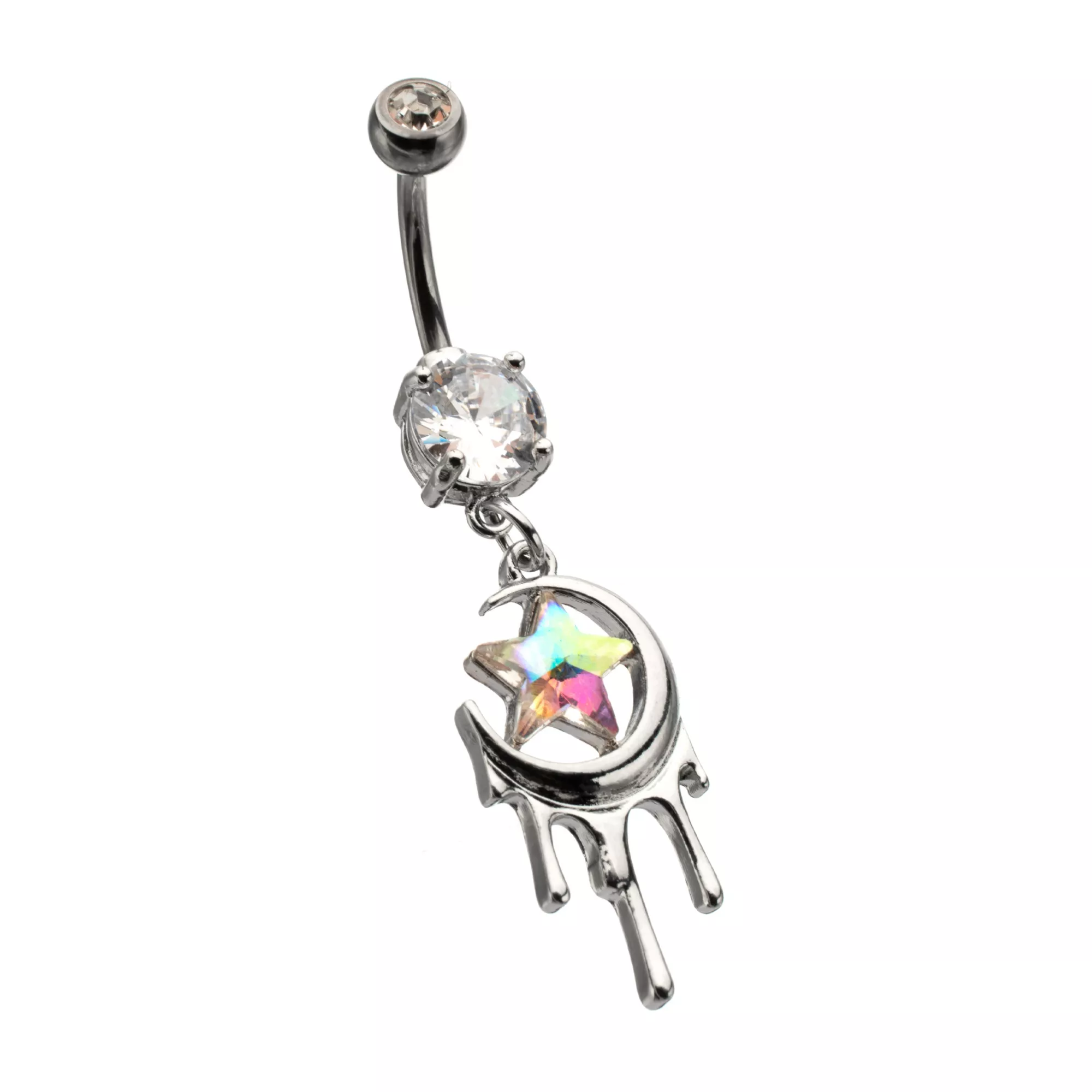 Prong CZ Star Moon Charm Titanium Dangle Belly Ring - 14 Gauge at Spencer's