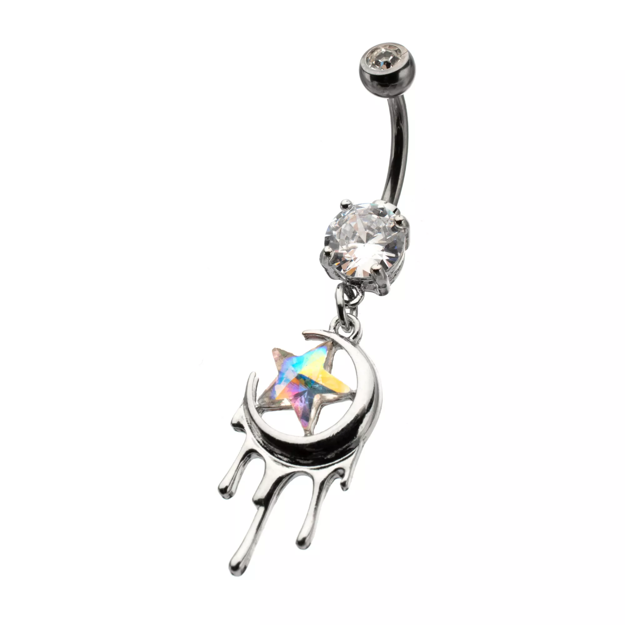 Prong CZ Star Moon Charm Titanium Dangle Belly Ring - 14 Gauge at Spencer's