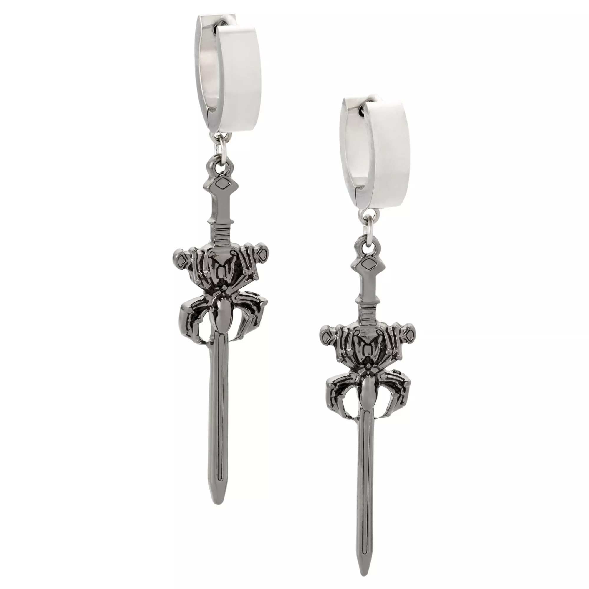 Spider Sword Silver-Tone Dangle Huggie Hoop Earrings - 18 Gauge