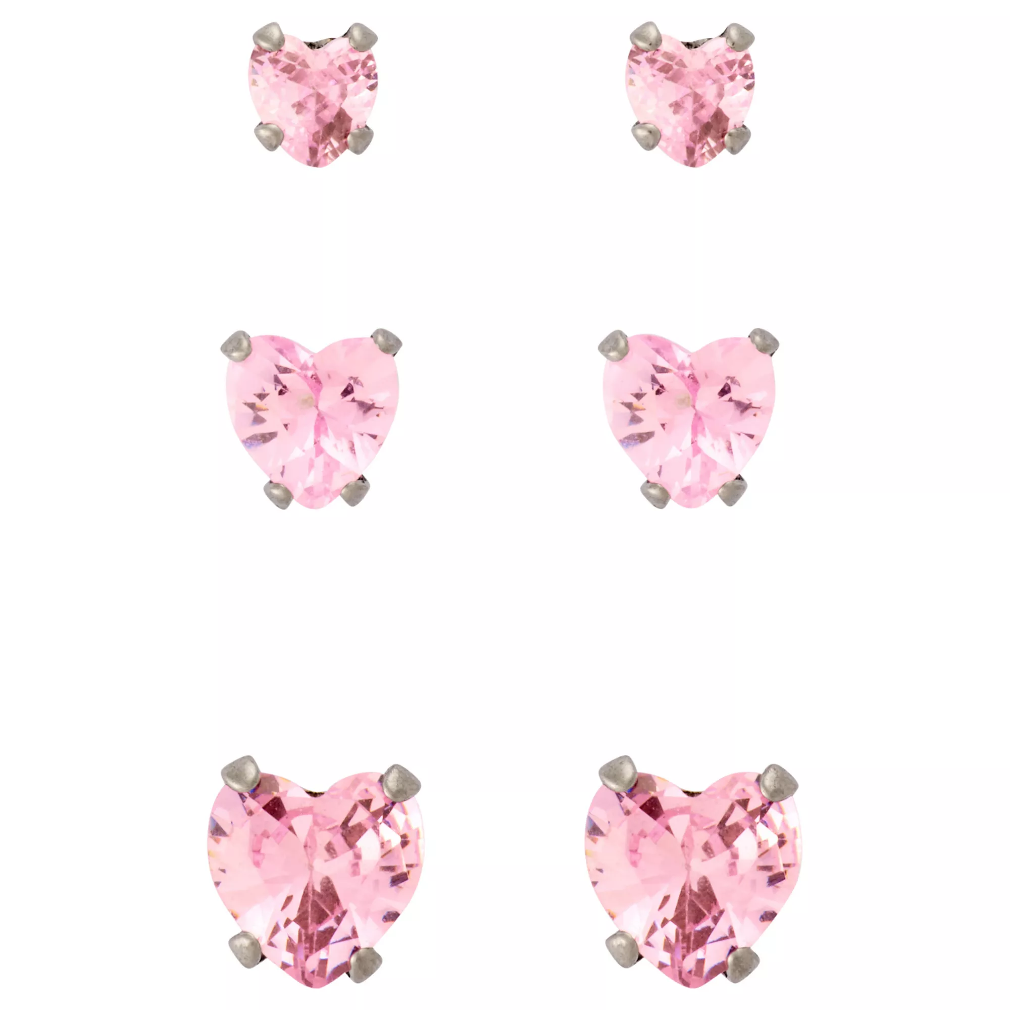 Multi-Pack Pink CZ Heart Silver-Plated Titanium Stud Earrings 3 Pair - 20 Gauge at Spencer's