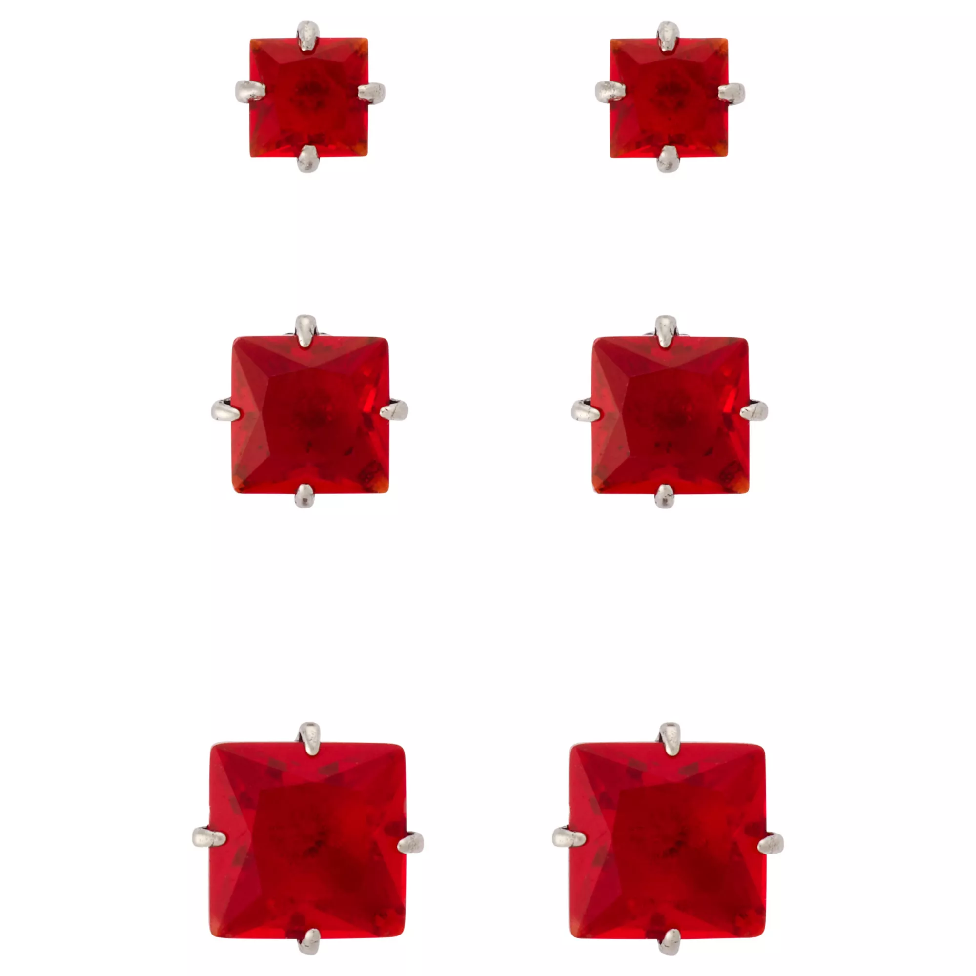 Multi-Pack Red Crystal Square Silver-Plated Titanium Stud Earrings 3 Pair - 20 Gauge at Spencer's