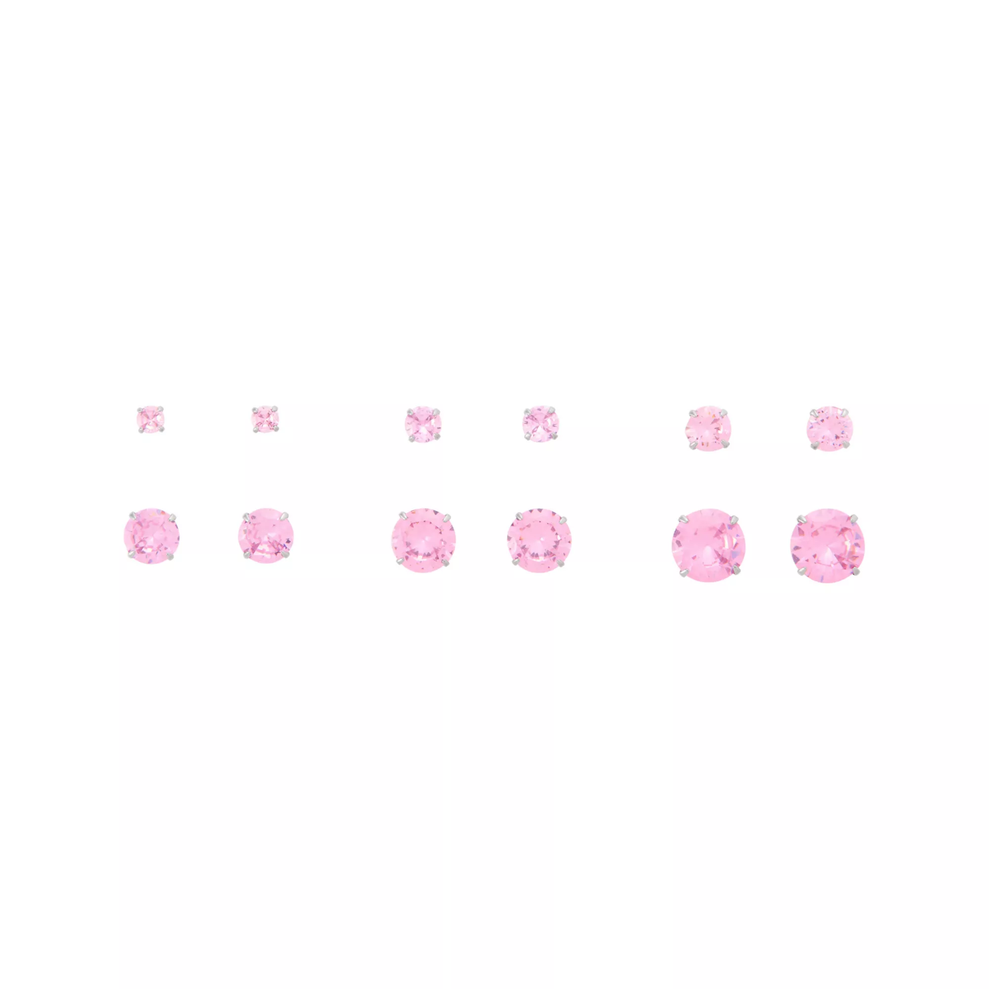 Multi-Pack Pink CZ Round Silver-Plated Stud Earrings 6 Pair - 20 Gauge