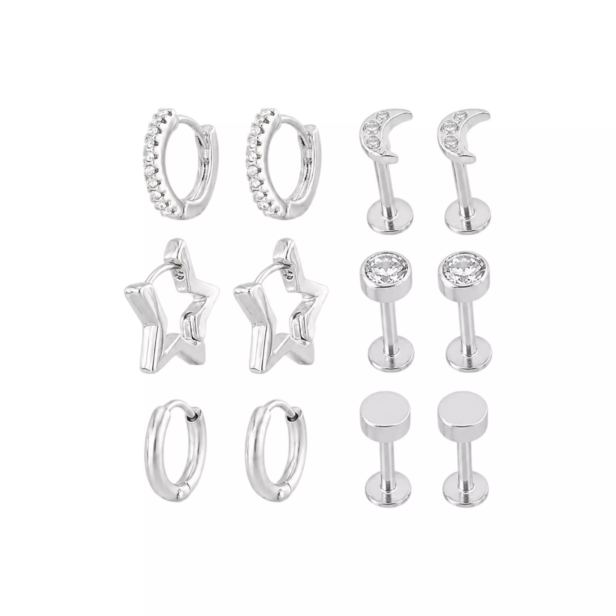 Multi-Pack Clear Celestial Silver-Tone Ear Party 6 Pair - 16 and 18 Gauge