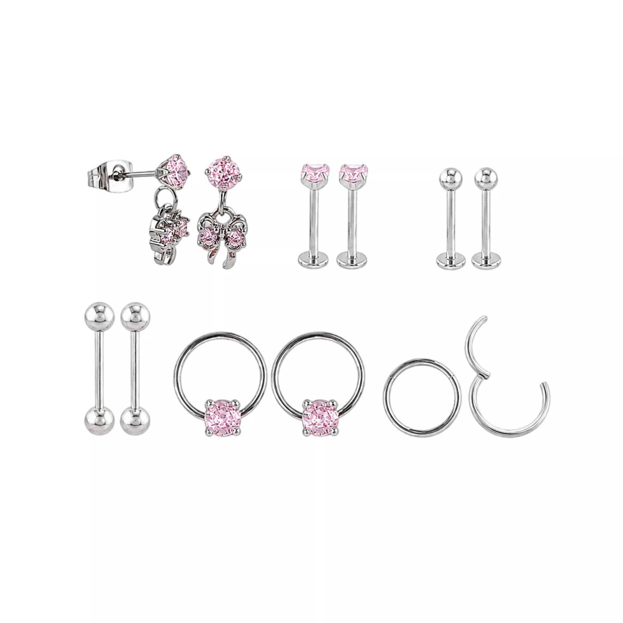 Multi-Pack Pink CZ Bow Silver-Tone Titanium Ear Party 6 Pair - 16 and 20 Gauge at Spencer's