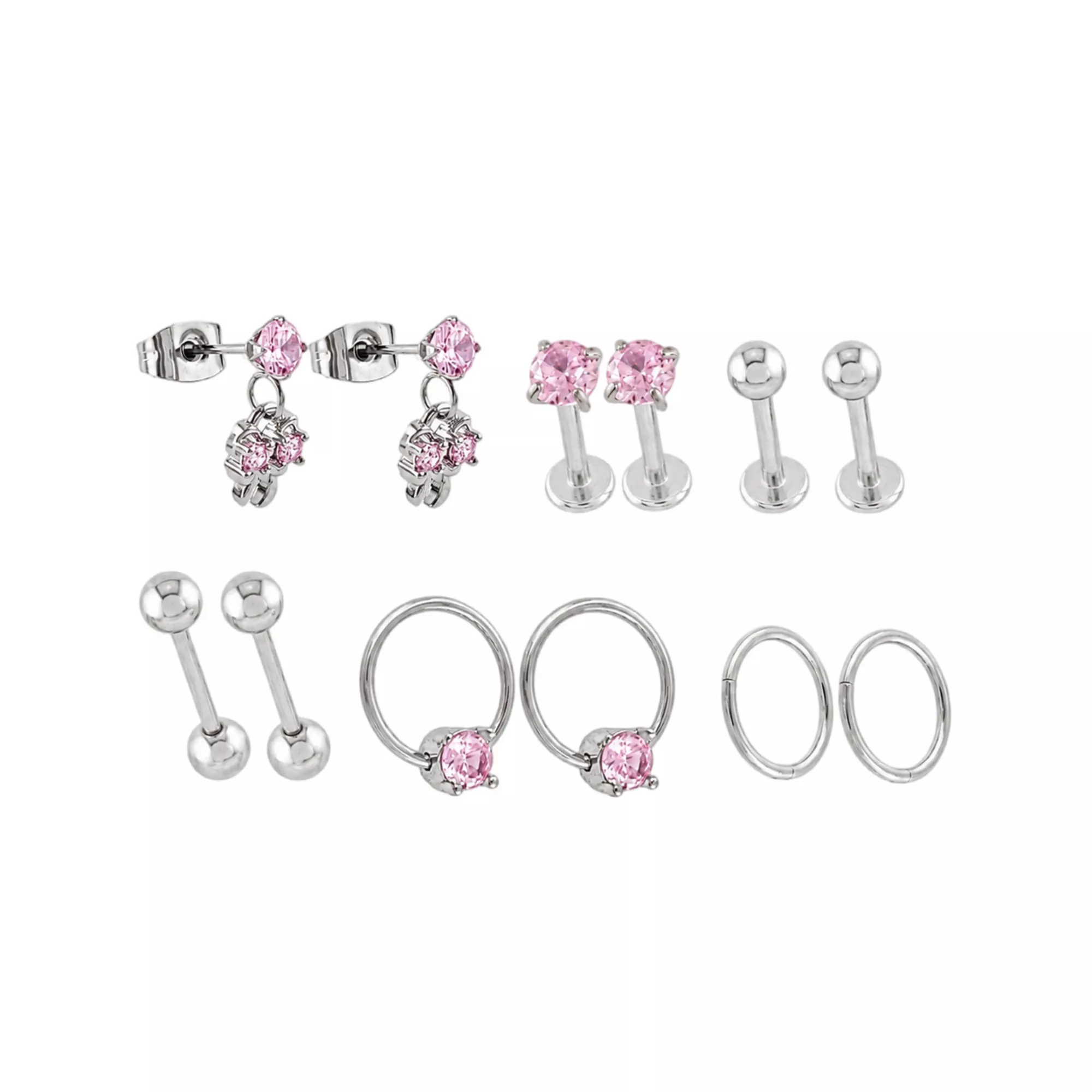Multi-Pack Pink CZ Bow Silver-Tone Titanium Ear Party 6 Pair - 16 and 20 Gauge at Spencer's
