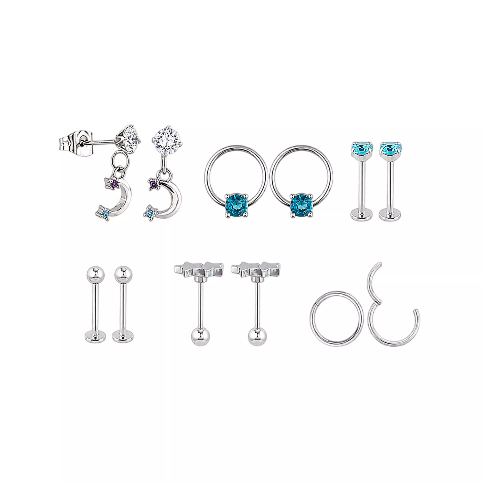 Multi-Pack Blue and Clear CZ Celestial Silver-Tone Titanium Ear Party 6 Pair - 16 and 20 Gauge at Spencer's