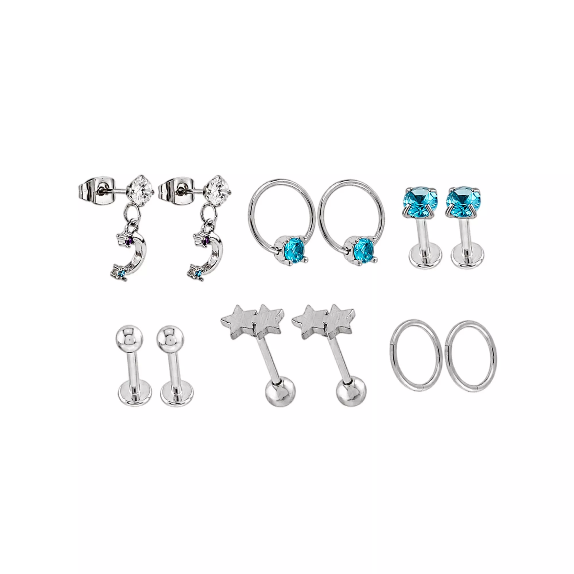 Multi-Pack Blue and Clear CZ Celestial Silver-Tone Titanium Ear Party 6 Pair - 16 and 20 Gauge at Spencer's
