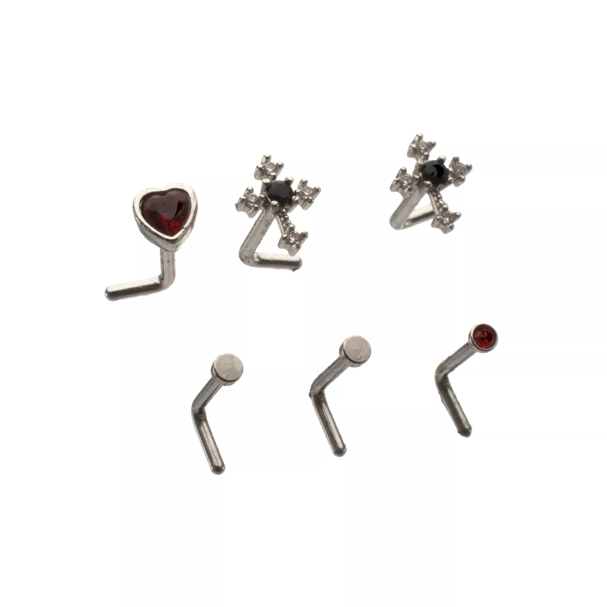 Gothic Heart and Cross L-Bend Nose Rings 6 Pack - 20 Gauge