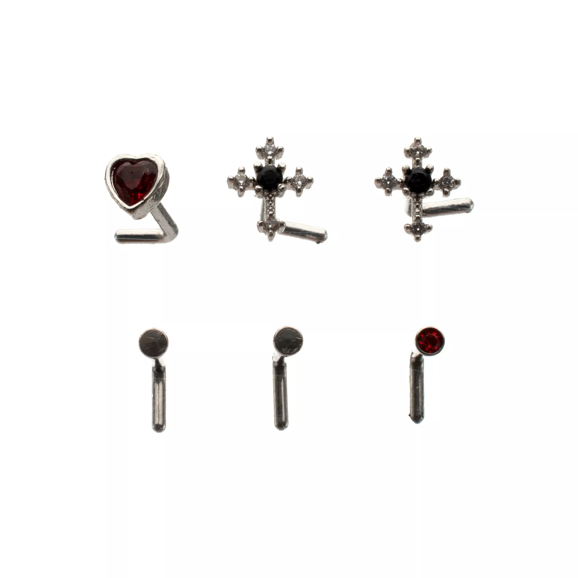 Gothic Heart and Cross L-Bend Nose Rings 6 Pack - 20 Gauge