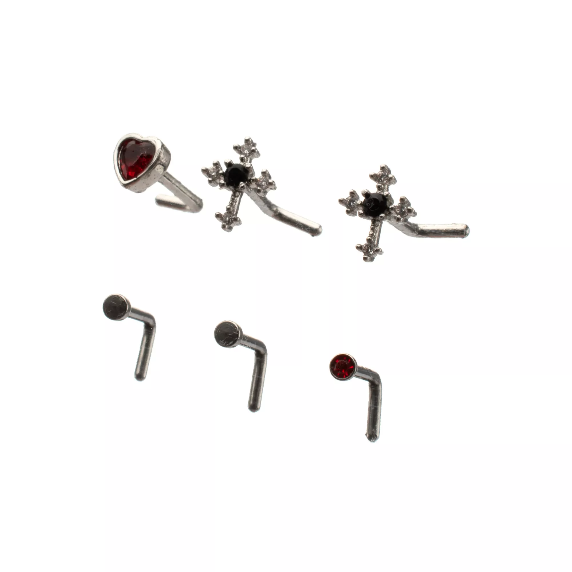 Gothic Heart and Cross L-Bend Nose Rings 6 Pack - 20 Gauge