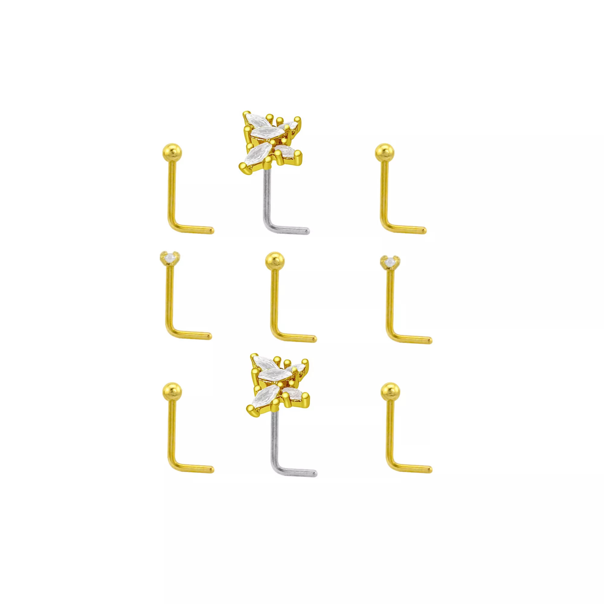 Multi-Pack CZ Butterfly Gold-Tone L-Bend Nose Rings 9 Pack - 20 Gauge at Spencer's