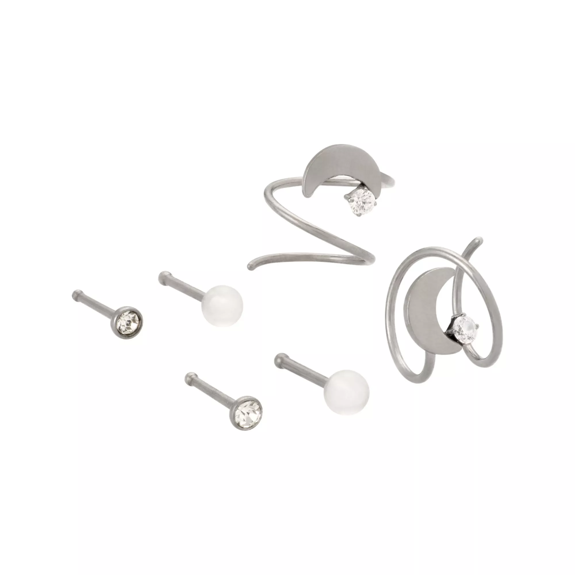 Multi-Pack CZ Moon Titanium Pin and Spiral Double Hoop Nose Rings 6 Pack - 20 Gauge at Spencer's
