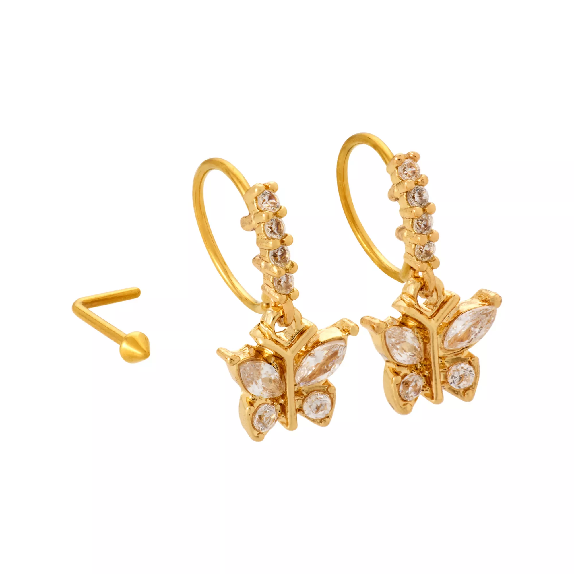 Multi-Pack CZ Butterfly Spike Gold-Plated Titanium L-Bend and Dangle Hoop Nose Rings 3 Pack - 20 Gauge at Spencer's
