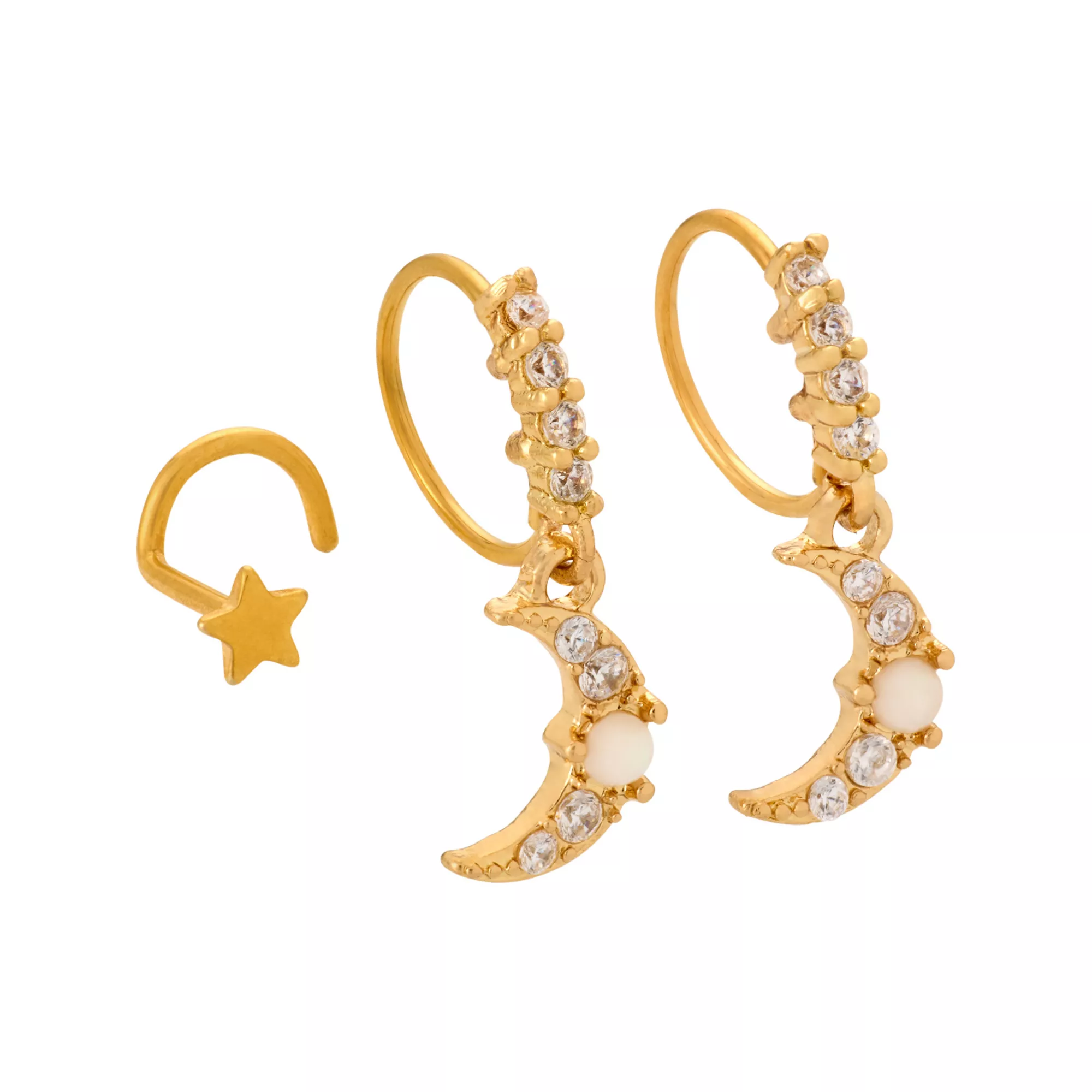 Multi-Pack CZ Moon Star Gold-Plated Titanium L-Bend and Dangle Hoop Nose Rings 3 Pack - 20 Gauge at Spencer's
