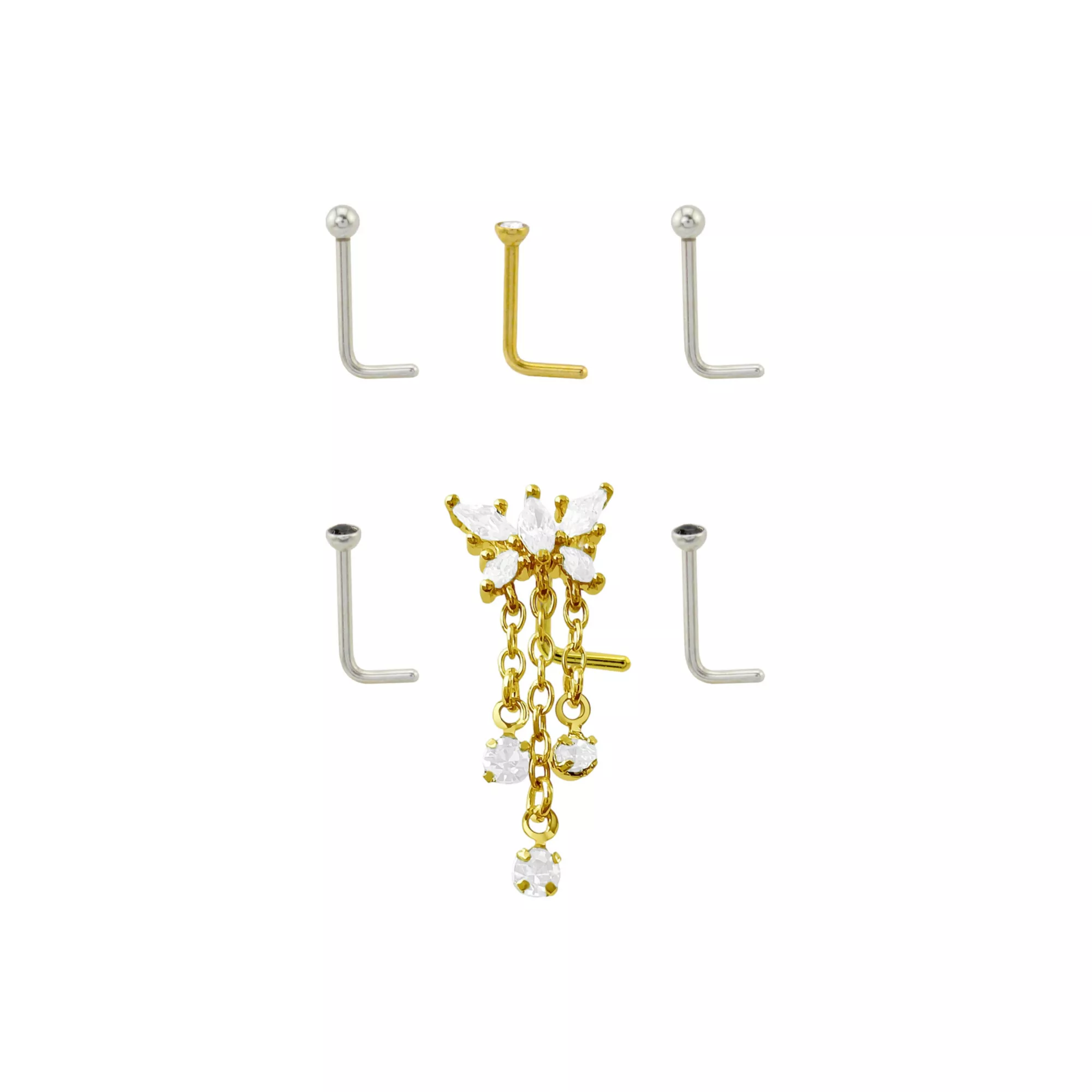 Multi-Pack Mixed Metal Butterfly Dangle L-Bend Nose Rings - 6 Pack at Spencer's