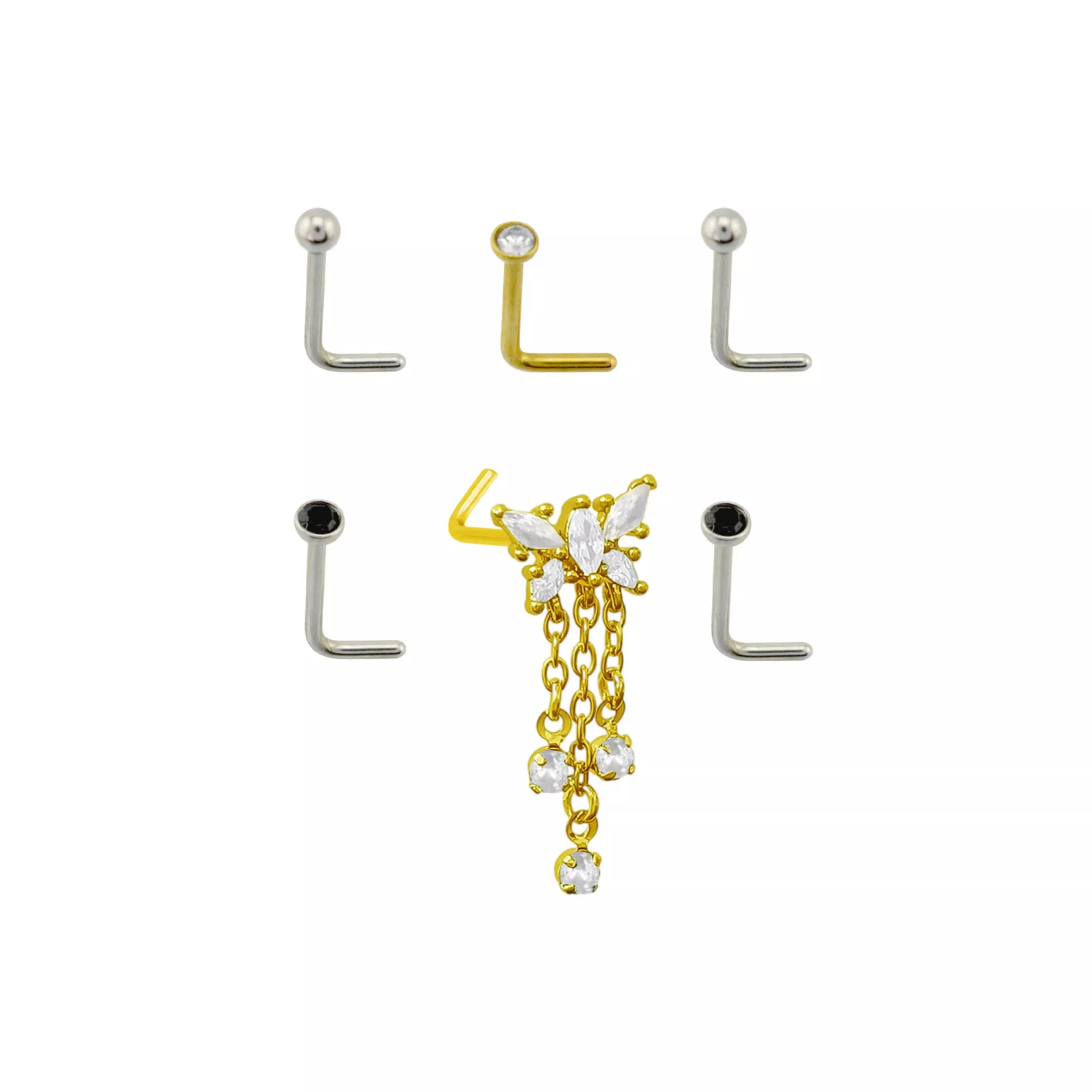 Multi-Pack Mixed Metal Butterfly Dangle L-Bend Nose Rings - 6 Pack at Spencer's