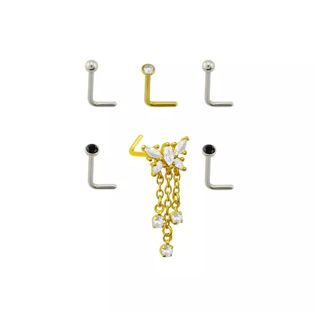 Multi-Pack Mixed Metal Butterfly Dangle L-Bend Nose Rings - 6 Pack at Spencer's