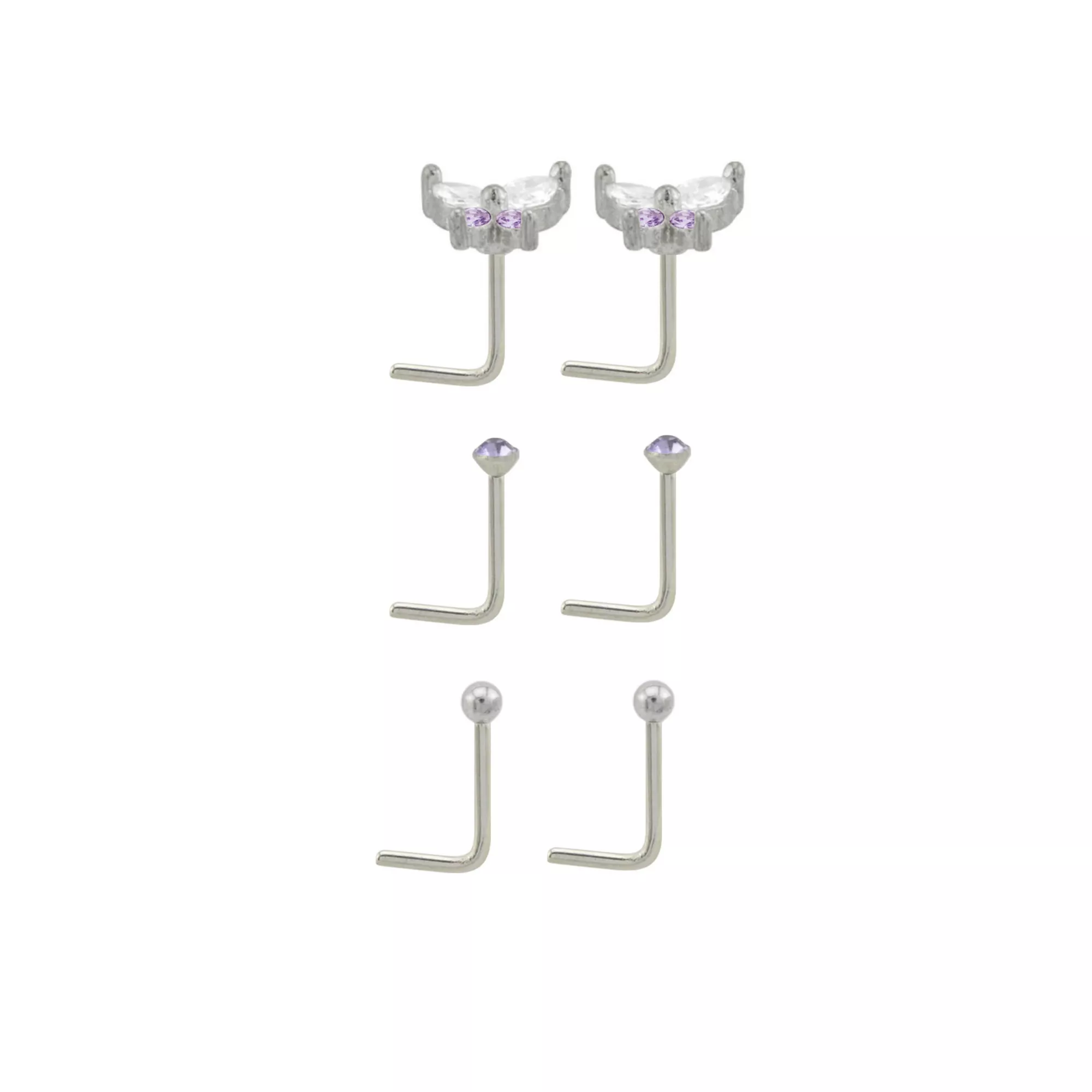 Multi-Pack Titanium Purple CZ Butterfly L-Bend Nose Rings 6 Pack - 20 Gauge at Spencer's