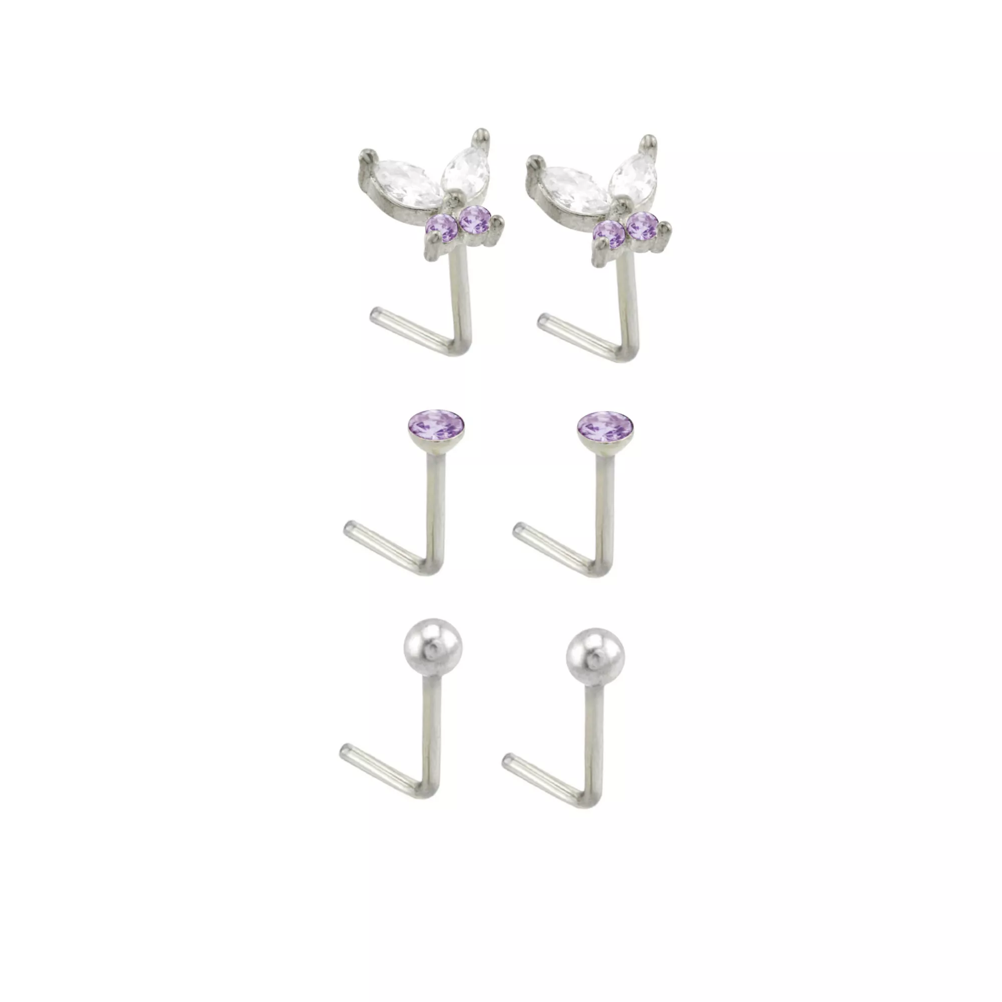 Multi-Pack Titanium Purple CZ Butterfly L-Bend Nose Rings 6 Pack - 20 Gauge at Spencer's