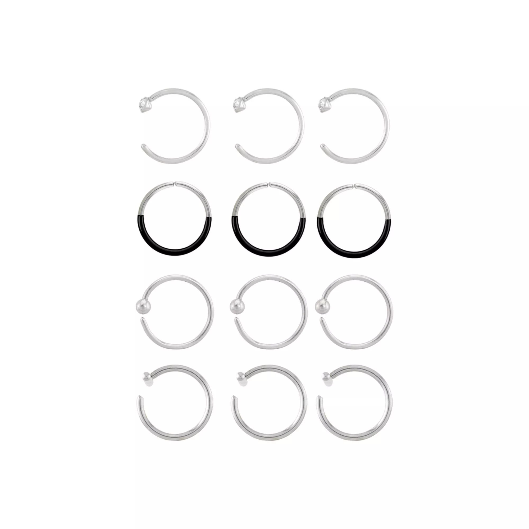 Multi-Pack Clear CZ Black and Silver-Tone Titanium Nose Hoops 12 Pack - 20 Gauge at Spencer's