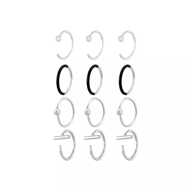Multi-Pack Clear CZ Black and Silver-Tone Titanium Nose Hoops 12 Pack - 20 Gauge at Spencer's