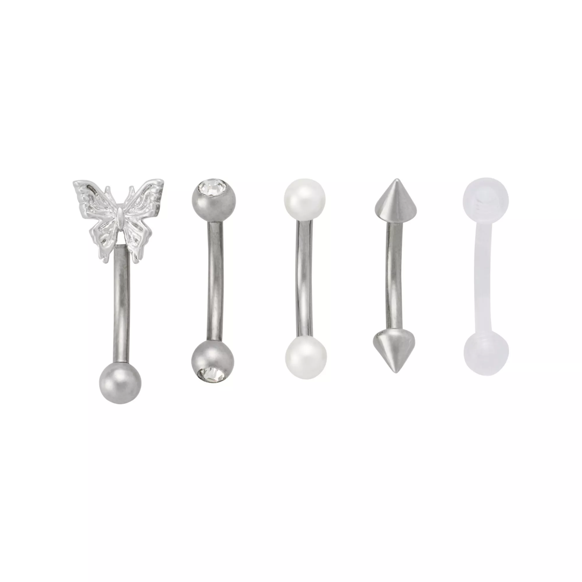 Multi-Pack CZ Butterfly and Pearl-Effect Titanium Curved Barbells 5 Pack - 14 Gauge at Spencer's