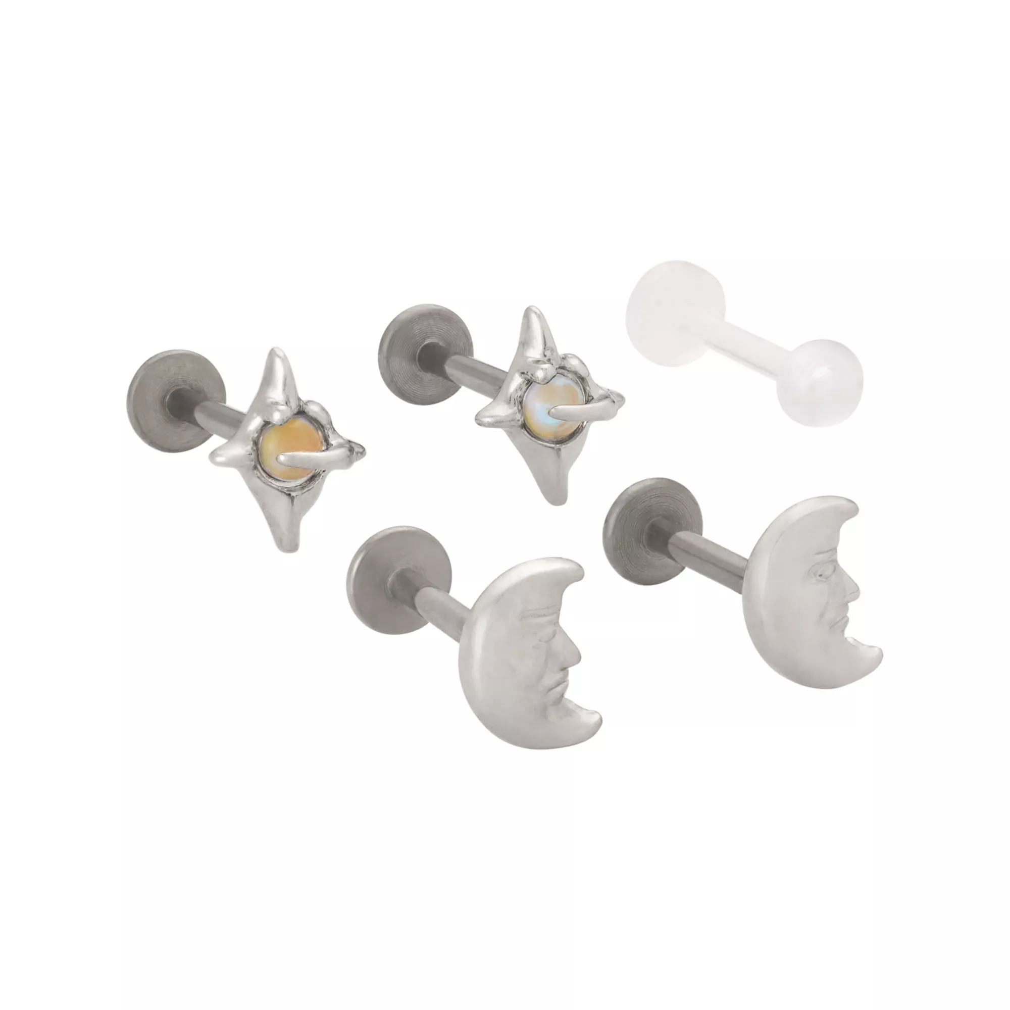 Multi-Pack Titanium Silver-Tone Flatback Moon Labret Lip Rings 5 Pack - 14 Gauge at Spencer's