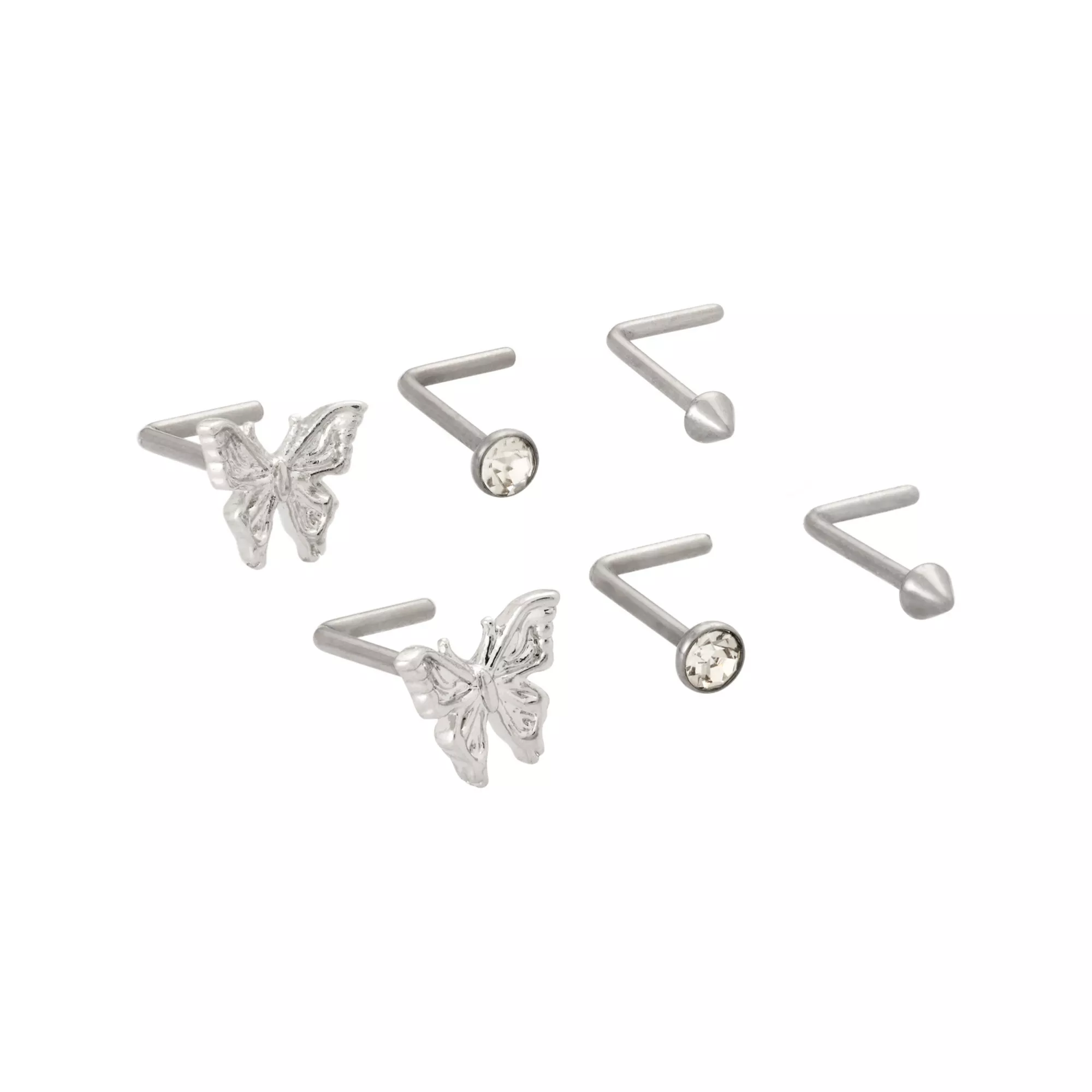 Multi-Pack CZ Butterfly Spike Titanium L-Bend Nose Rings 6 Pack - 20 Gauge at Spencer's