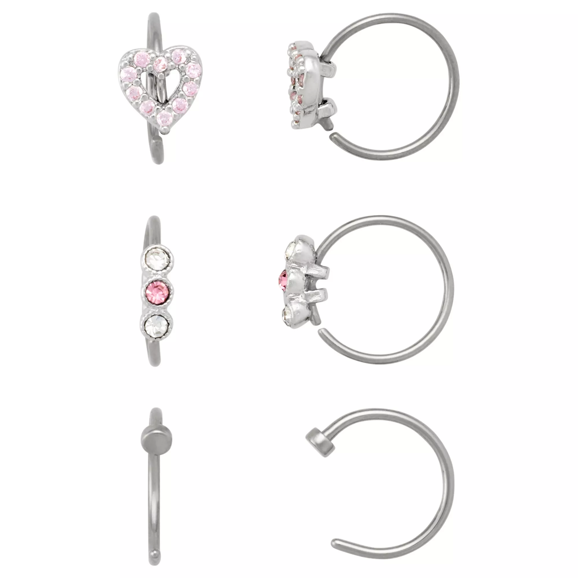 Multi-Pack Pink CZ Heart Gem Titanium Hoop Nose Rings 3 Pack - 20 Gauge at Spencer's