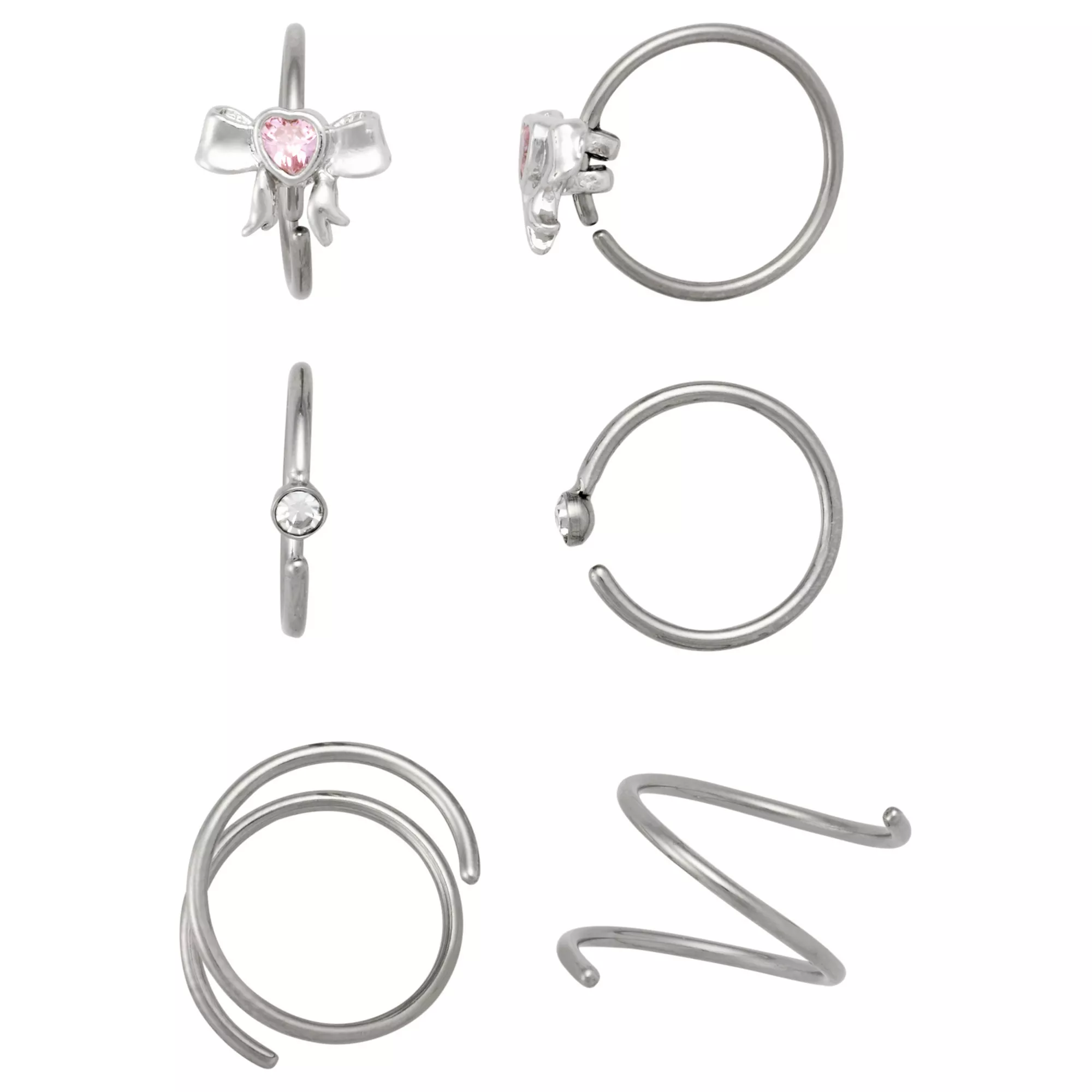 Multi-Pack Pink CZ Bow Titanium Hoop Nose Rings 6 Pack - 20 Gauge at Spencer's