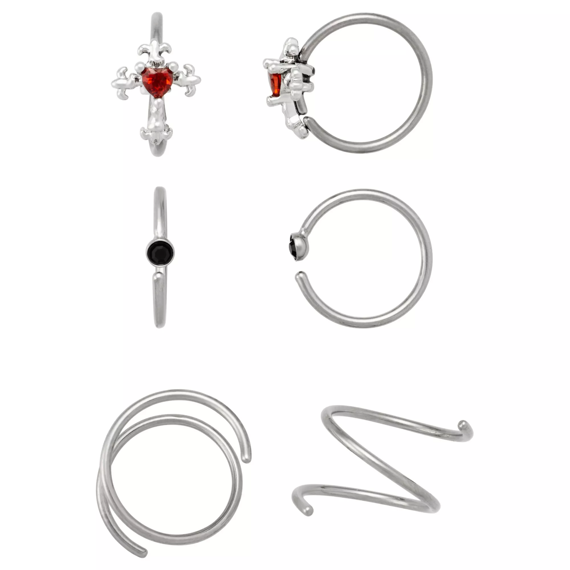 Multi-Pack Red Black CZ Cross Titanium Hoop Nose Rings 6 Pack - 20 Gauge at Spencer's
