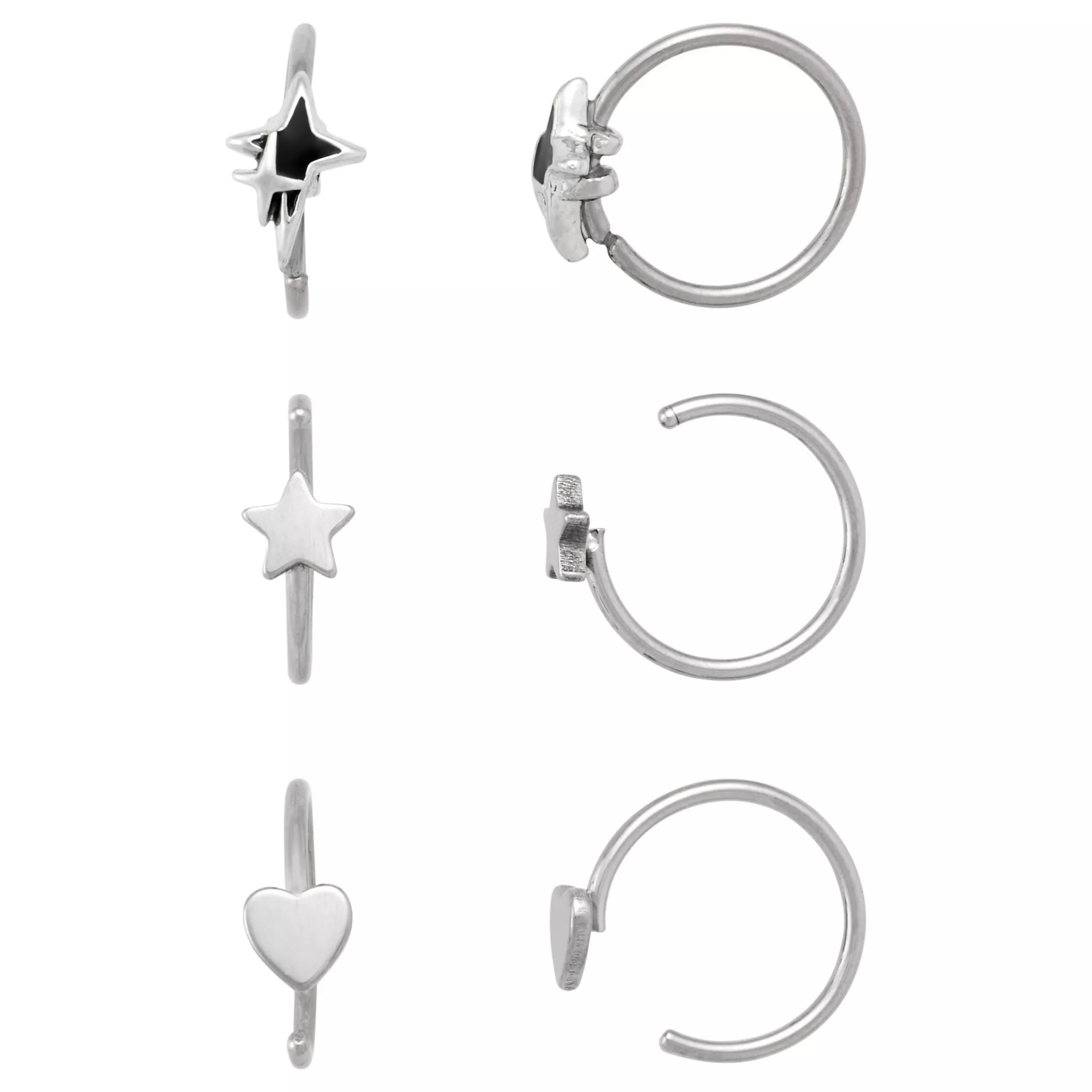 Multi-Pack Star Heart Silver-Tone Hoop Nose Rings 6 Pack - 20 Gauge
